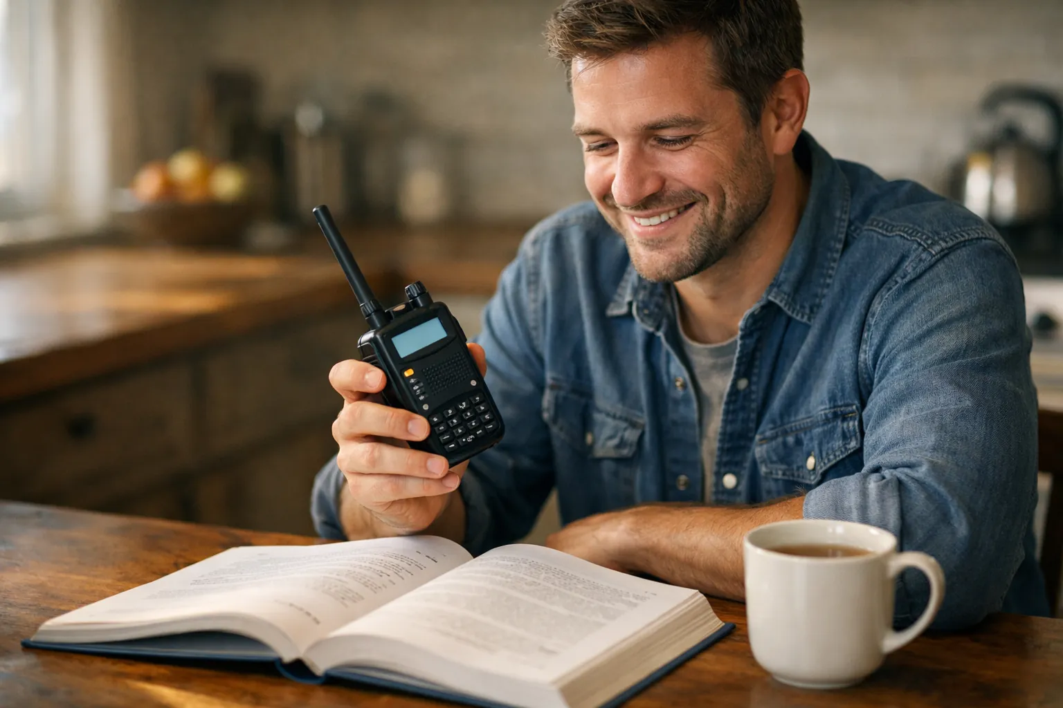 A person at a kitchen table holding a handheld amateur radio with a study book open beside them