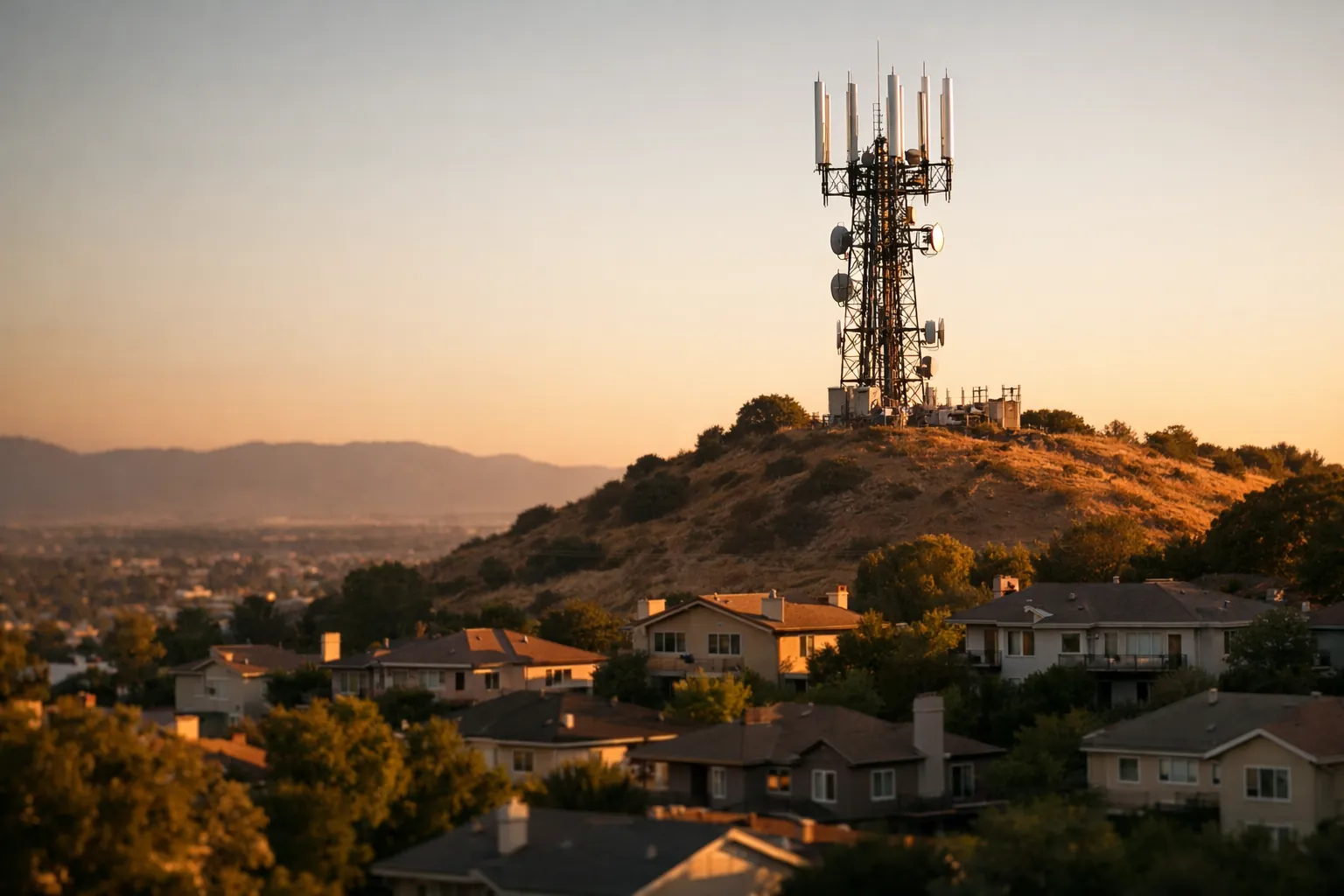A radio tower with antennas on a hill above houses
