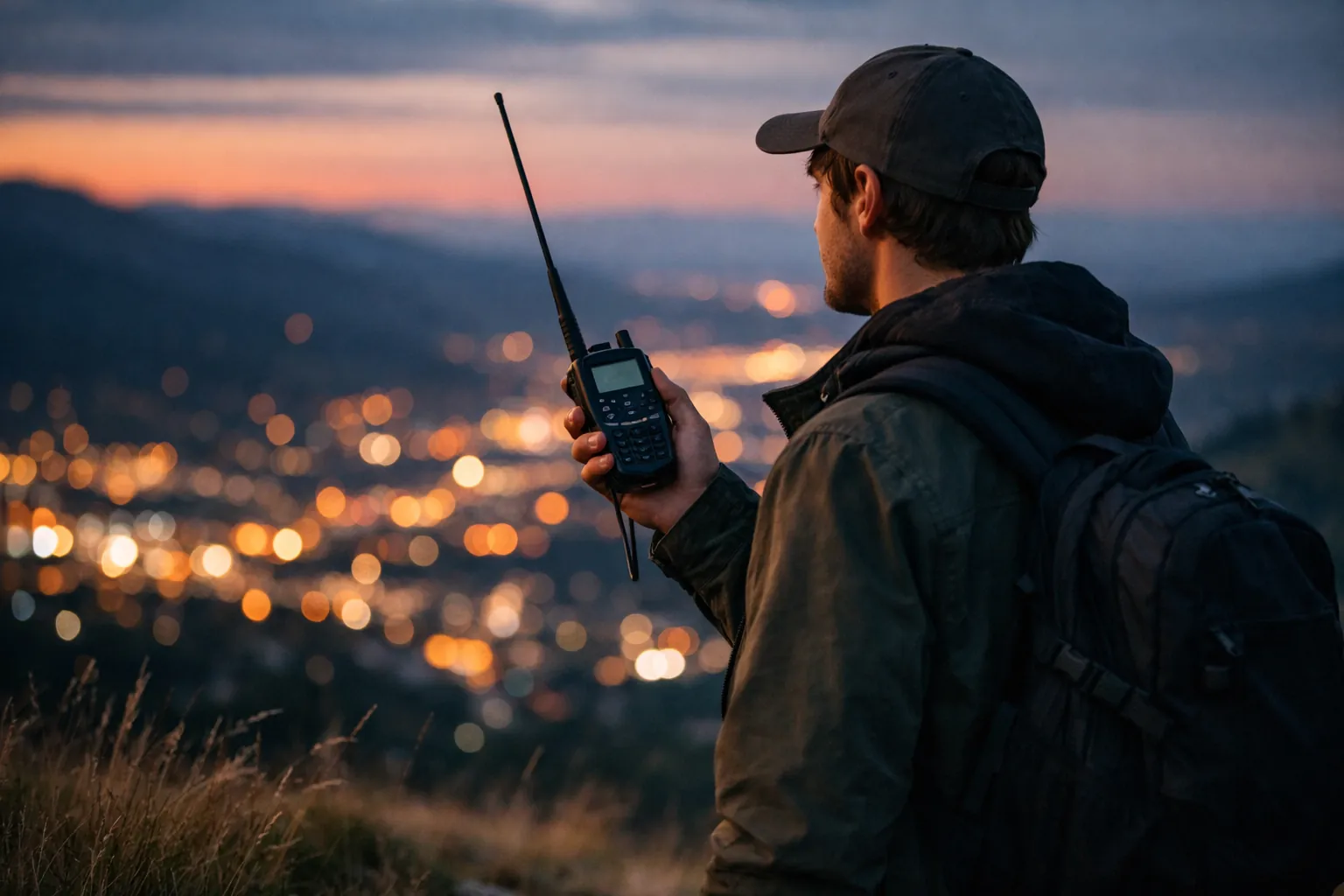 A new ham radio operator holding a dual-band handheld radio on a hilltop with a city below
