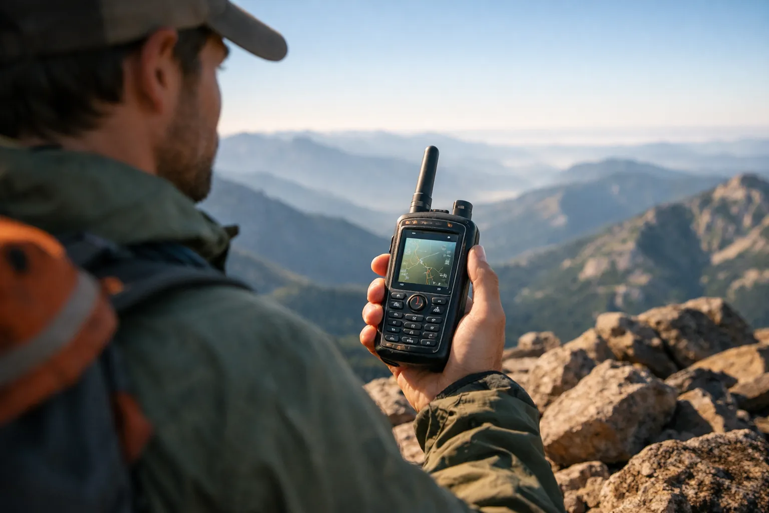 A hiker on a summit with a rugged handheld radio