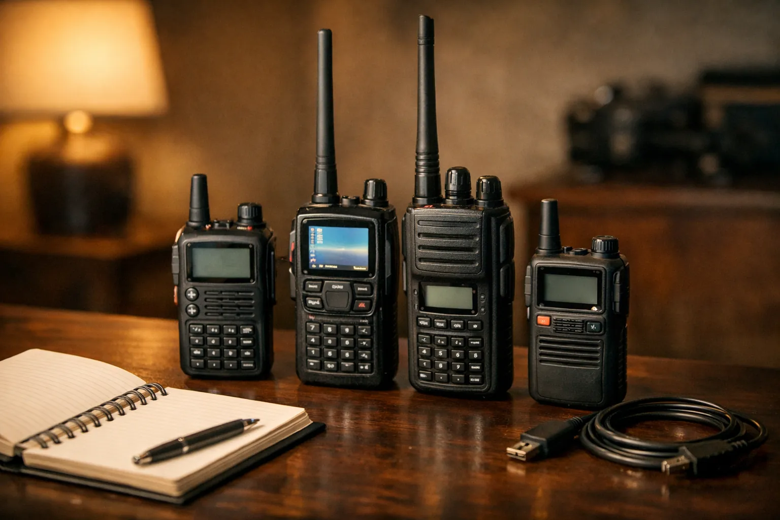 Four handheld ham radios on a desk with a notebook and cable