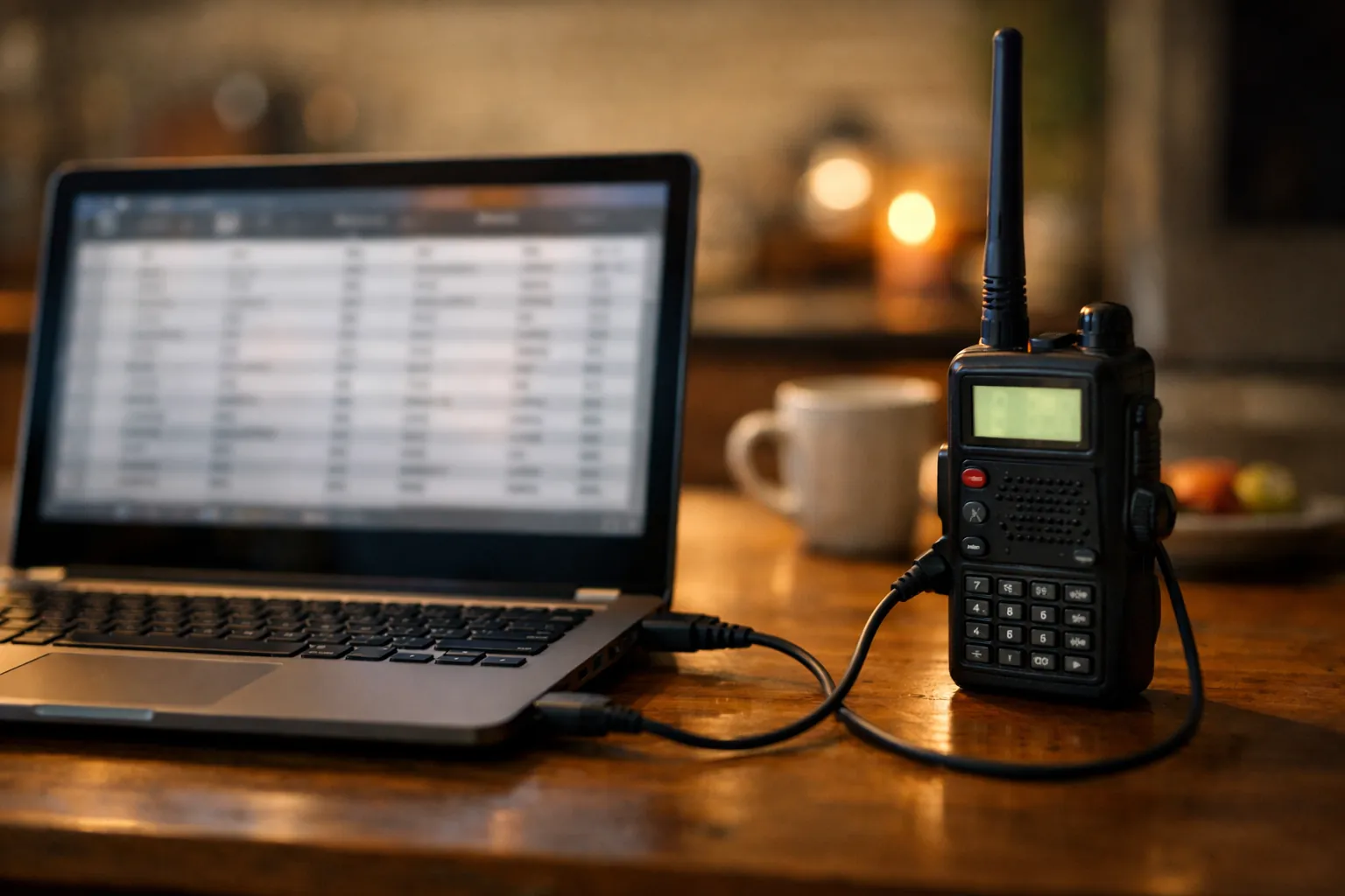 A laptop connected to a handheld radio by a programming cable