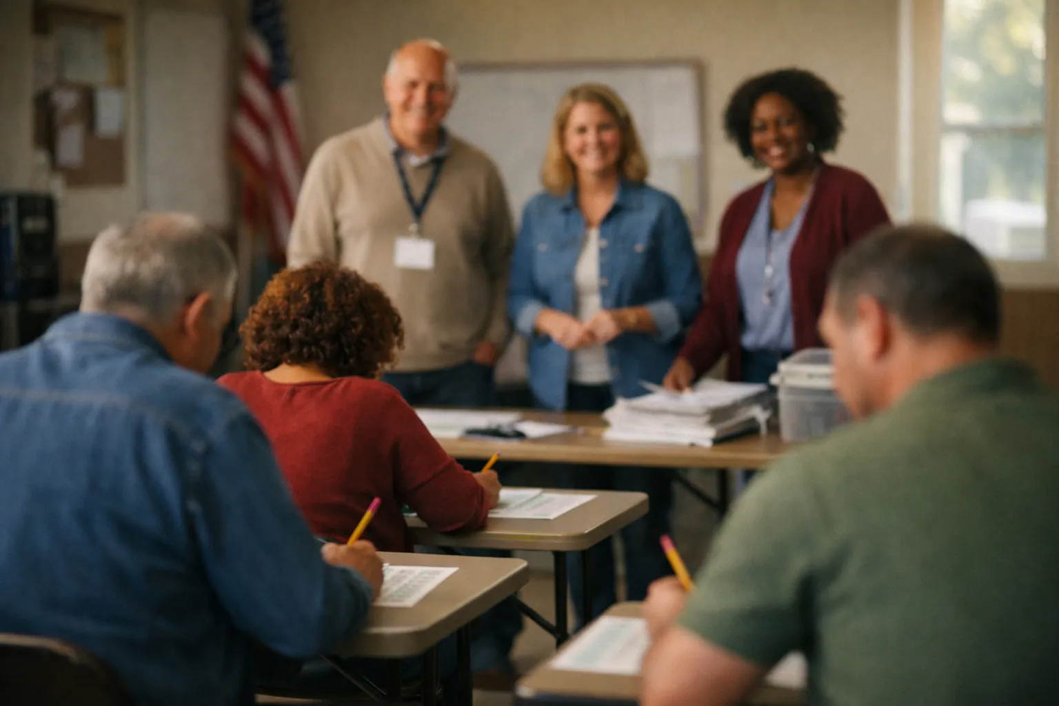 Adults taking a volunteer-run exam at folding tables