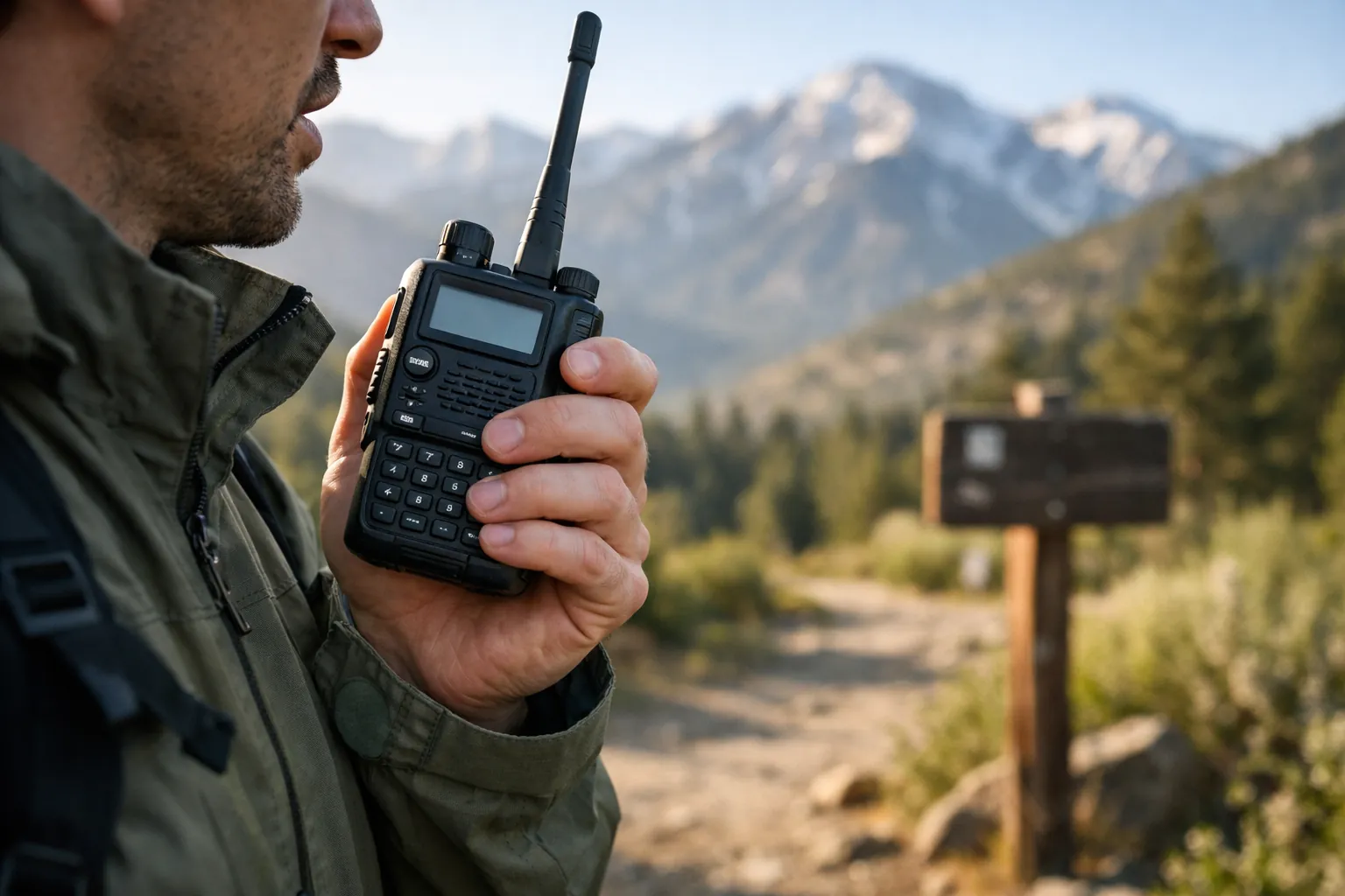 A person using a handheld amateur radio near a trailhead
