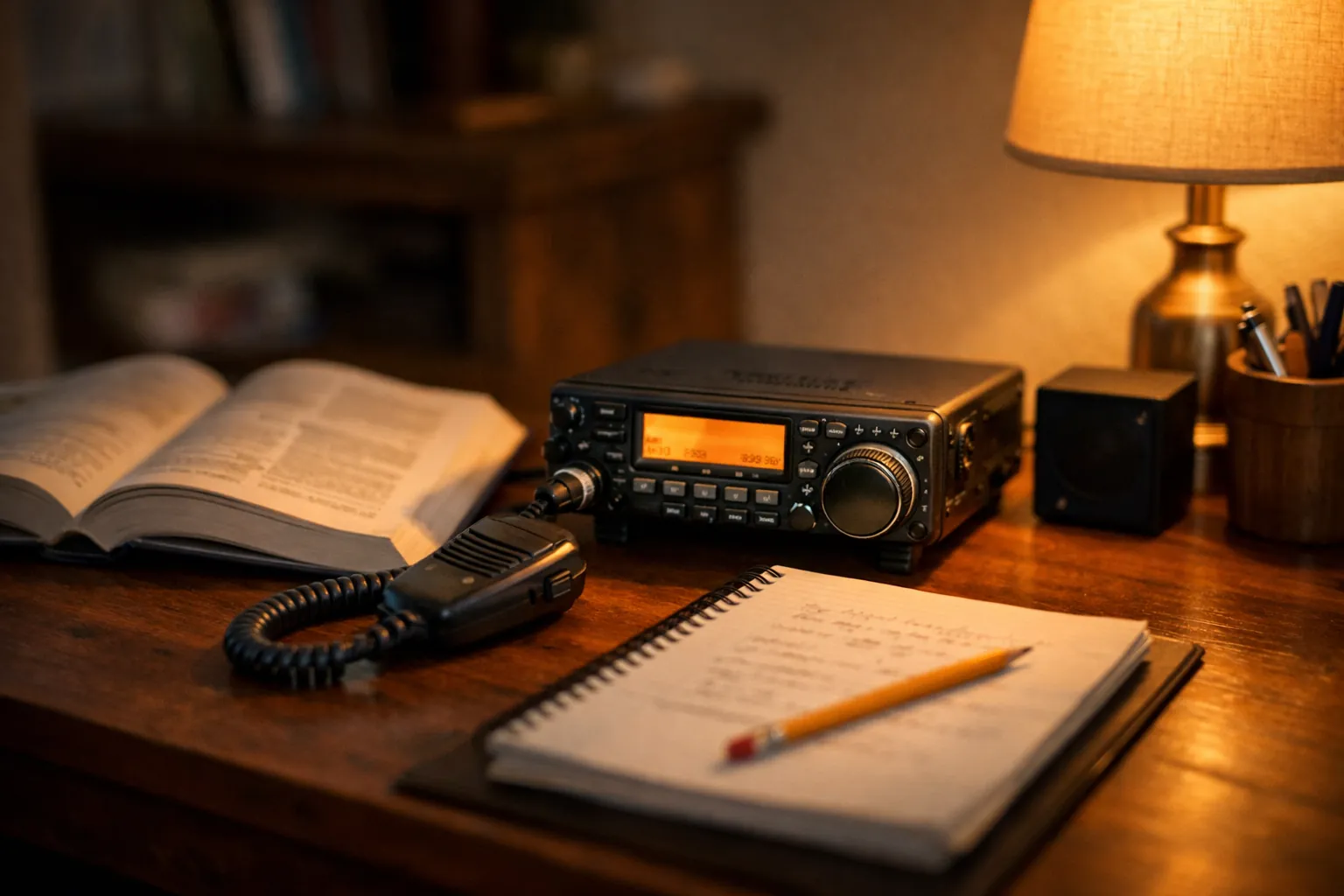 A desk with an amateur radio transceiver, a study guide and a notebook in warm lamplight