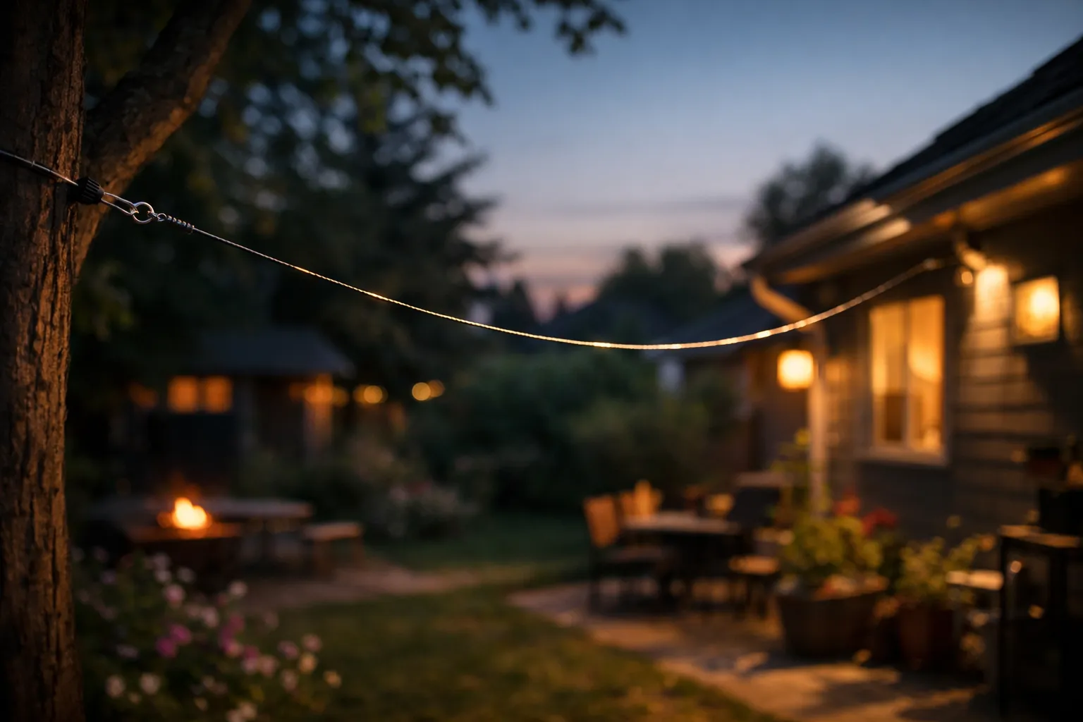 A wire antenna strung from a tree to a house at dusk