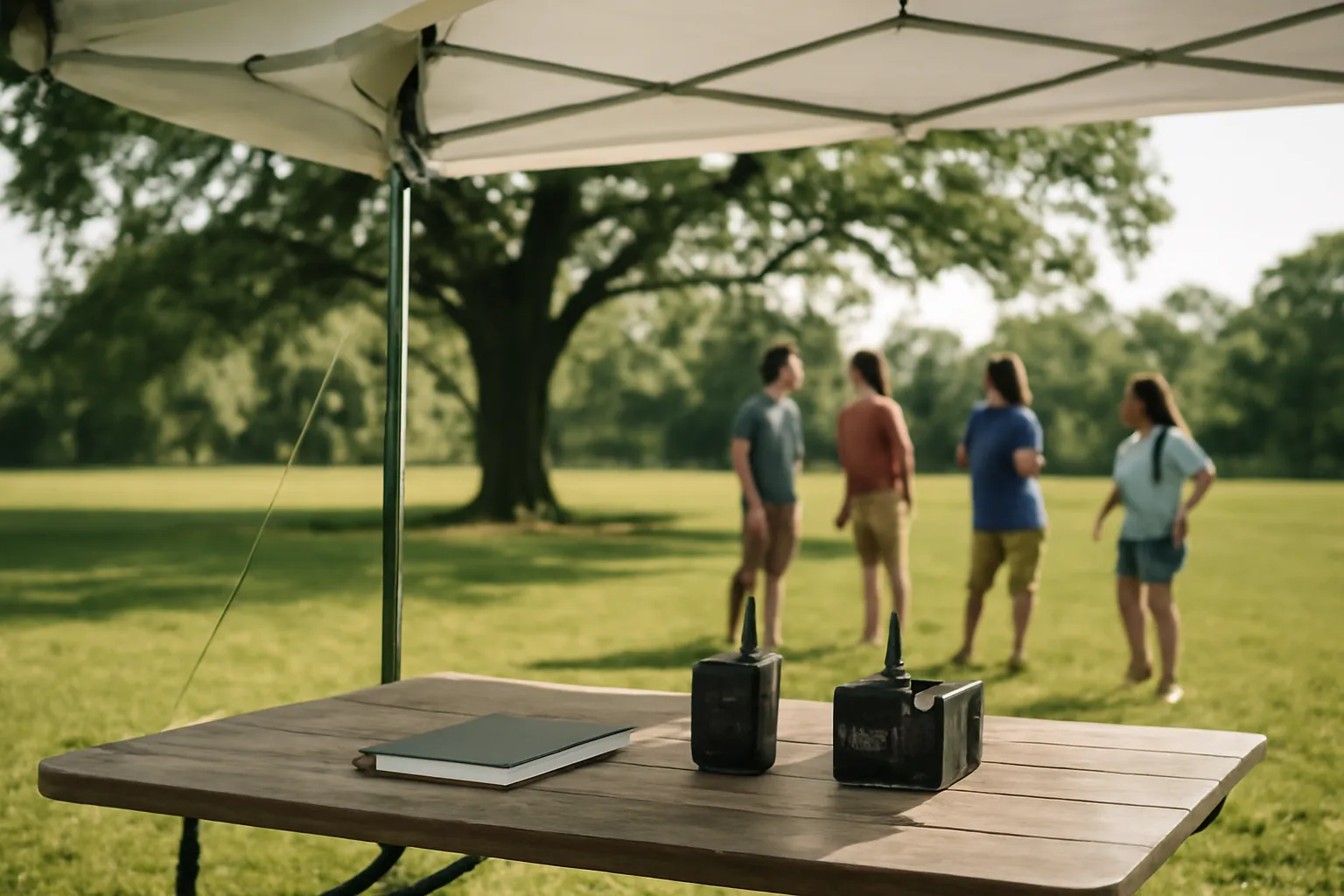 A folding table under a canopy at a park field day with a notebook and two small radios, friends chatting by an oak tree behind