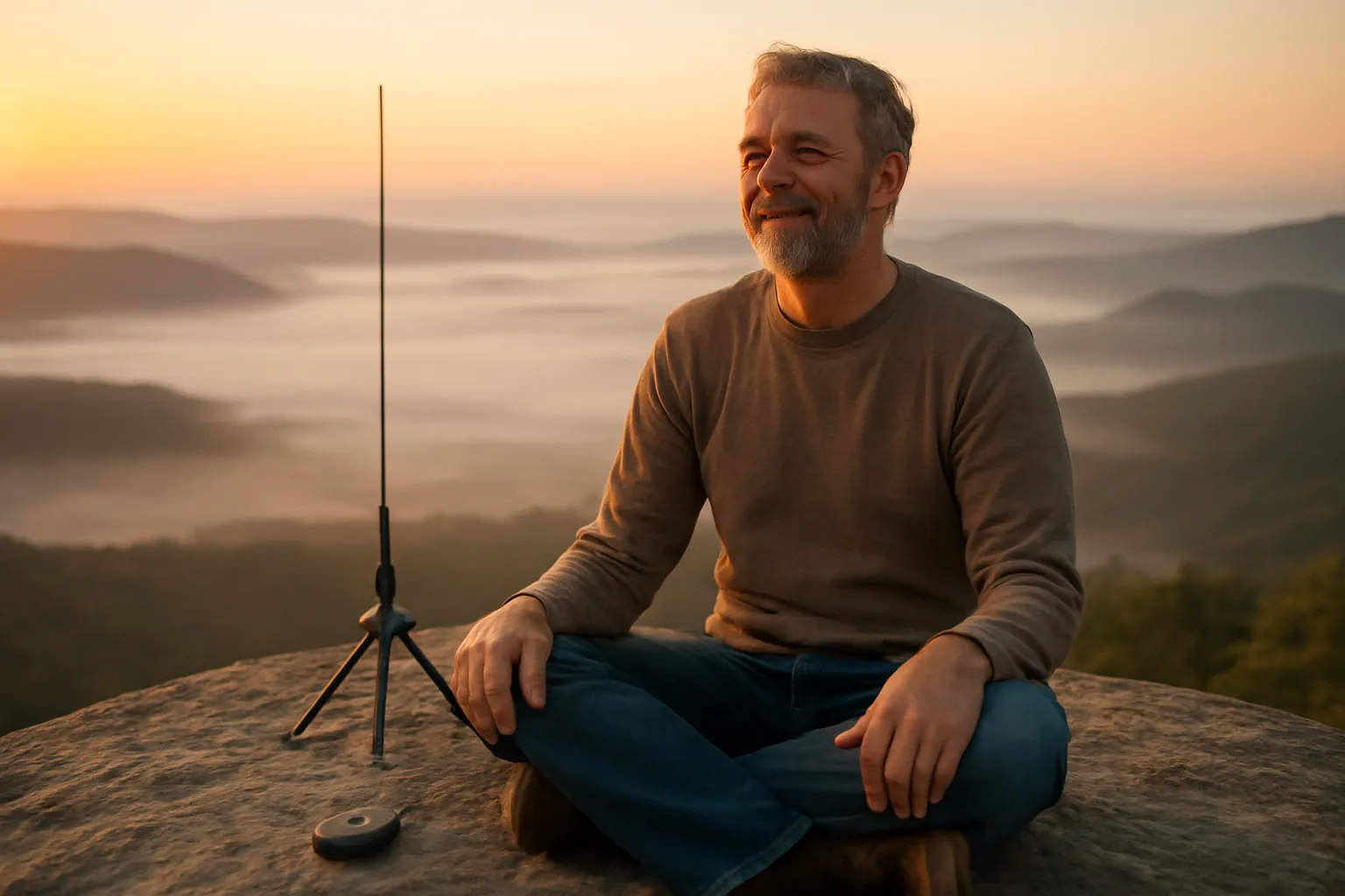 A man sitting cross-legged on a granite outcrop at sunrise above fog-filled valleys, a thin portable antenna on a small tripod beside him
