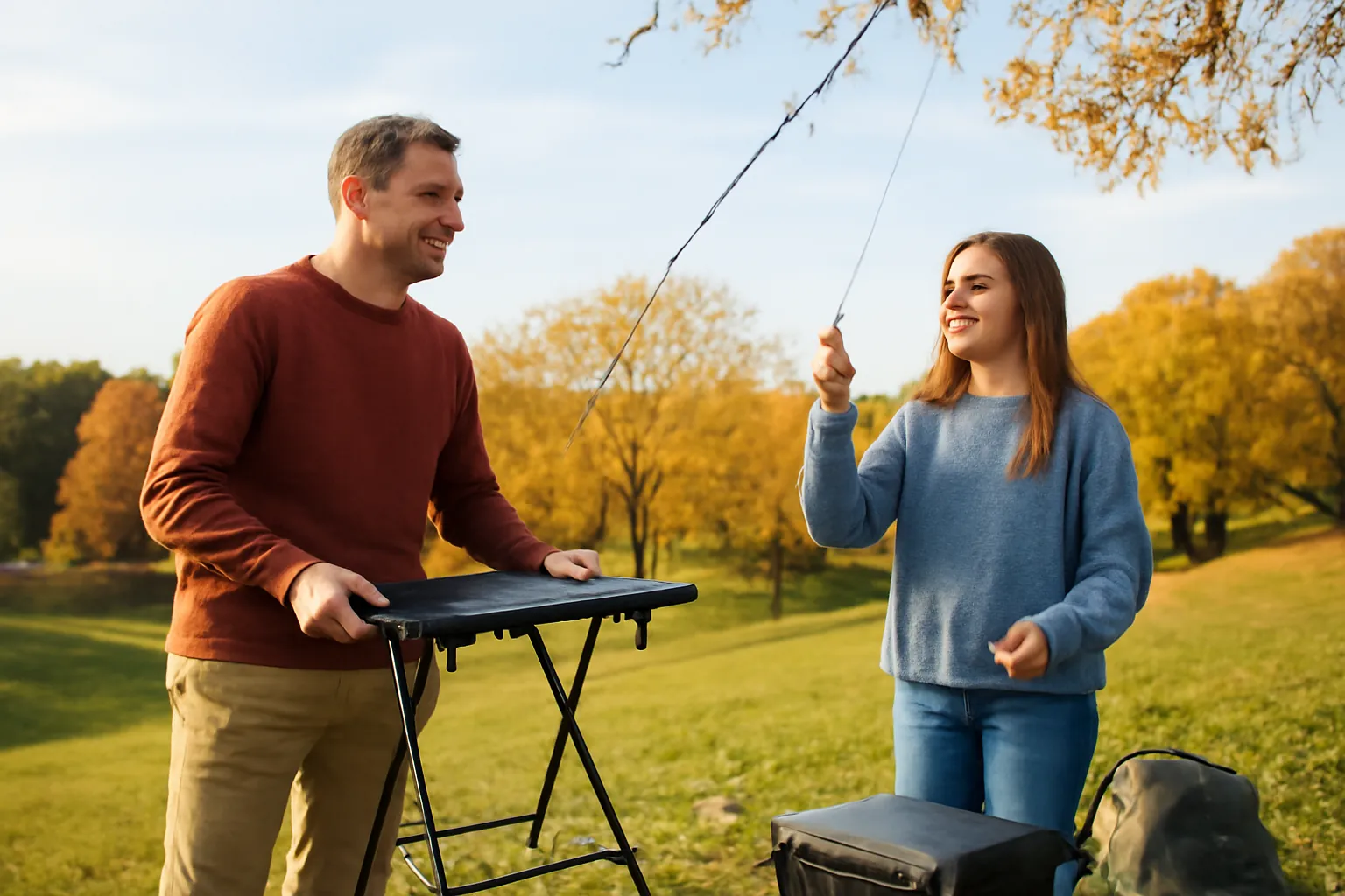 A father steadying a folding table while his teenage daughter pulls a thin line up toward a tree branch in an autumn park