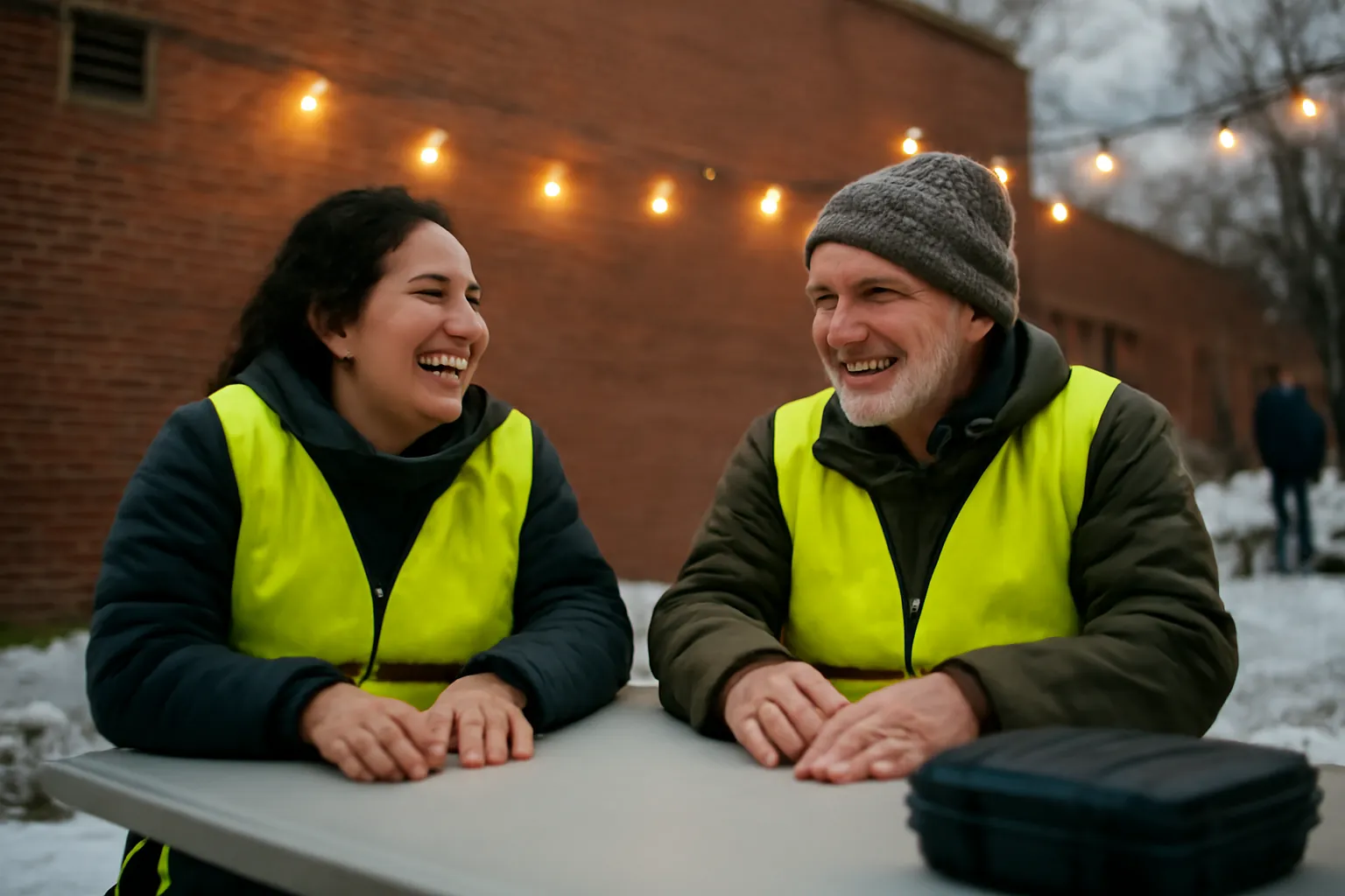 Two volunteers in reflective vests laughing at a folding table outside a brick building on a snowy evening, a closed equipment case beside them