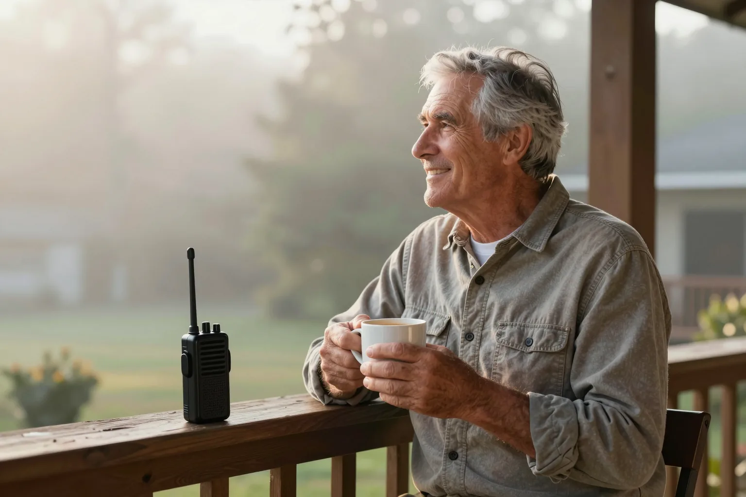 A gray-haired man smiling on a misty back porch at sunrise, holding a coffee mug, a small handheld radio standing on the railing beside him
