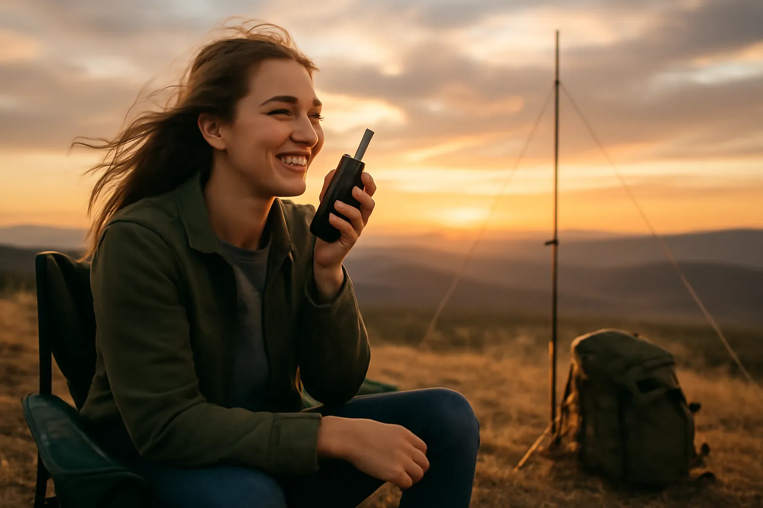 A young woman on a windy hilltop at sunset laughing as she talks into a handheld radio, an antenna mast and backpack beside her