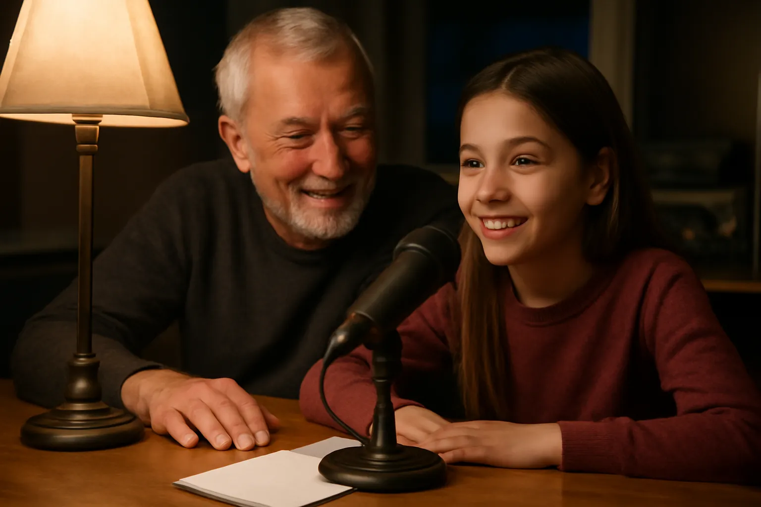 A grandfather and his granddaughter at a desk by lamplight, she is smiling at a desk microphone while he grins beside her