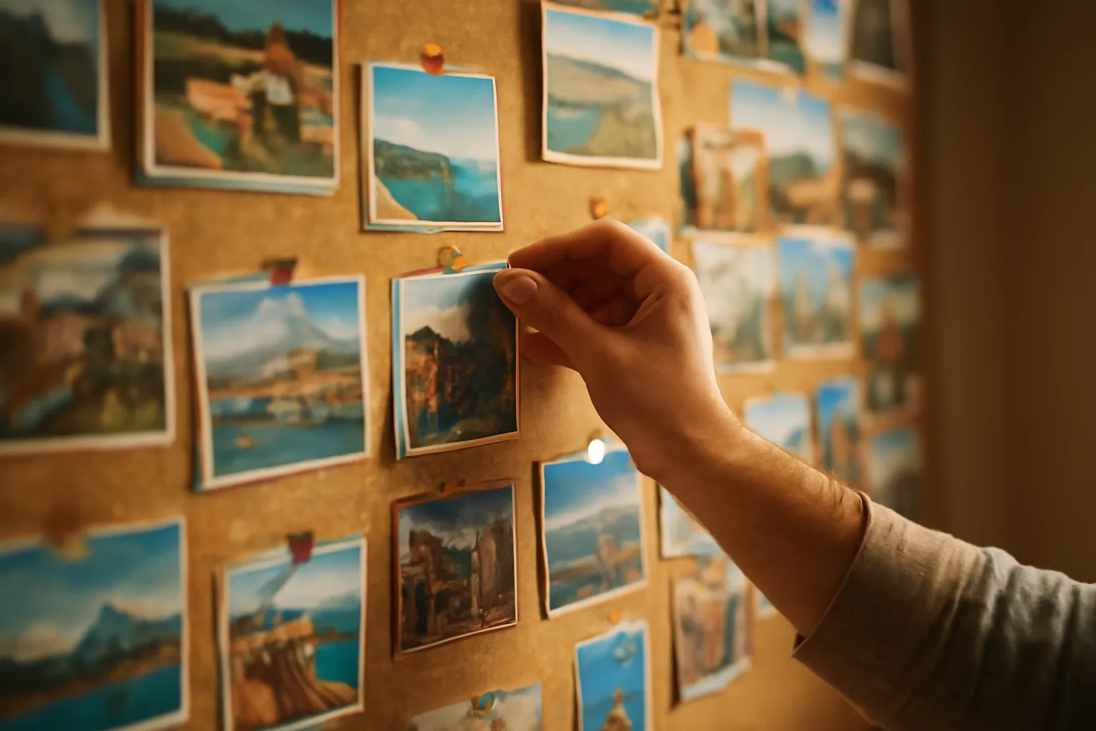 A corkboard covered with colorful postcards from around the world, a hand pinning up a new one