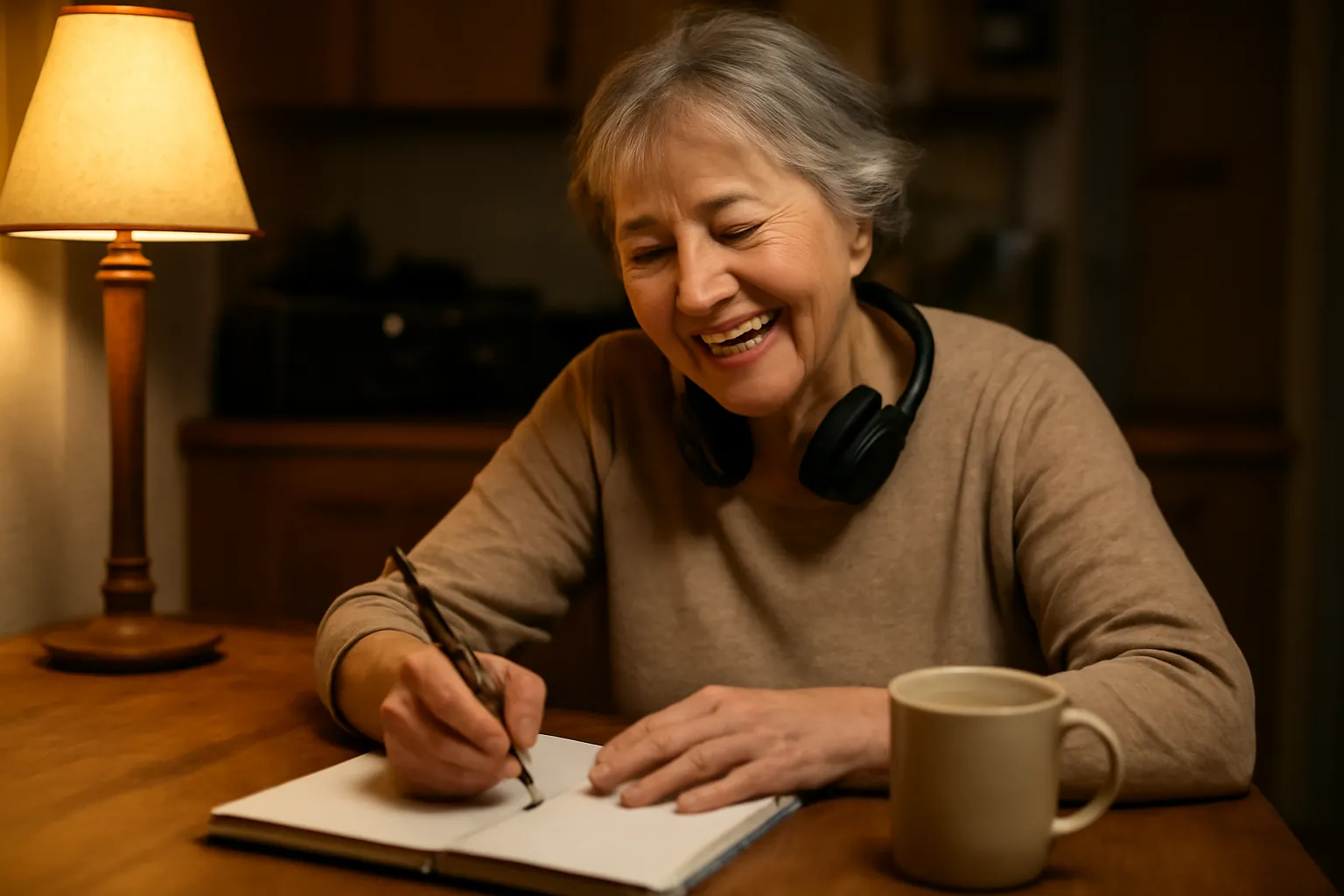 An older woman at a kitchen table at night with headphones around her neck, laughing as she writes in a paper logbook