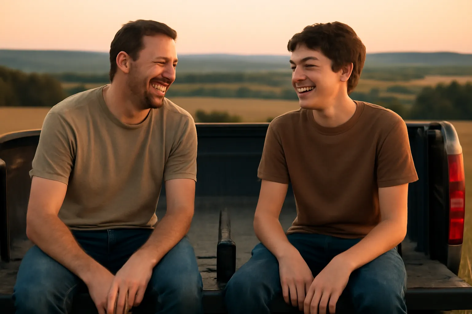 A father and teenage son laughing together on a pickup tailgate at a rural overlook at dusk