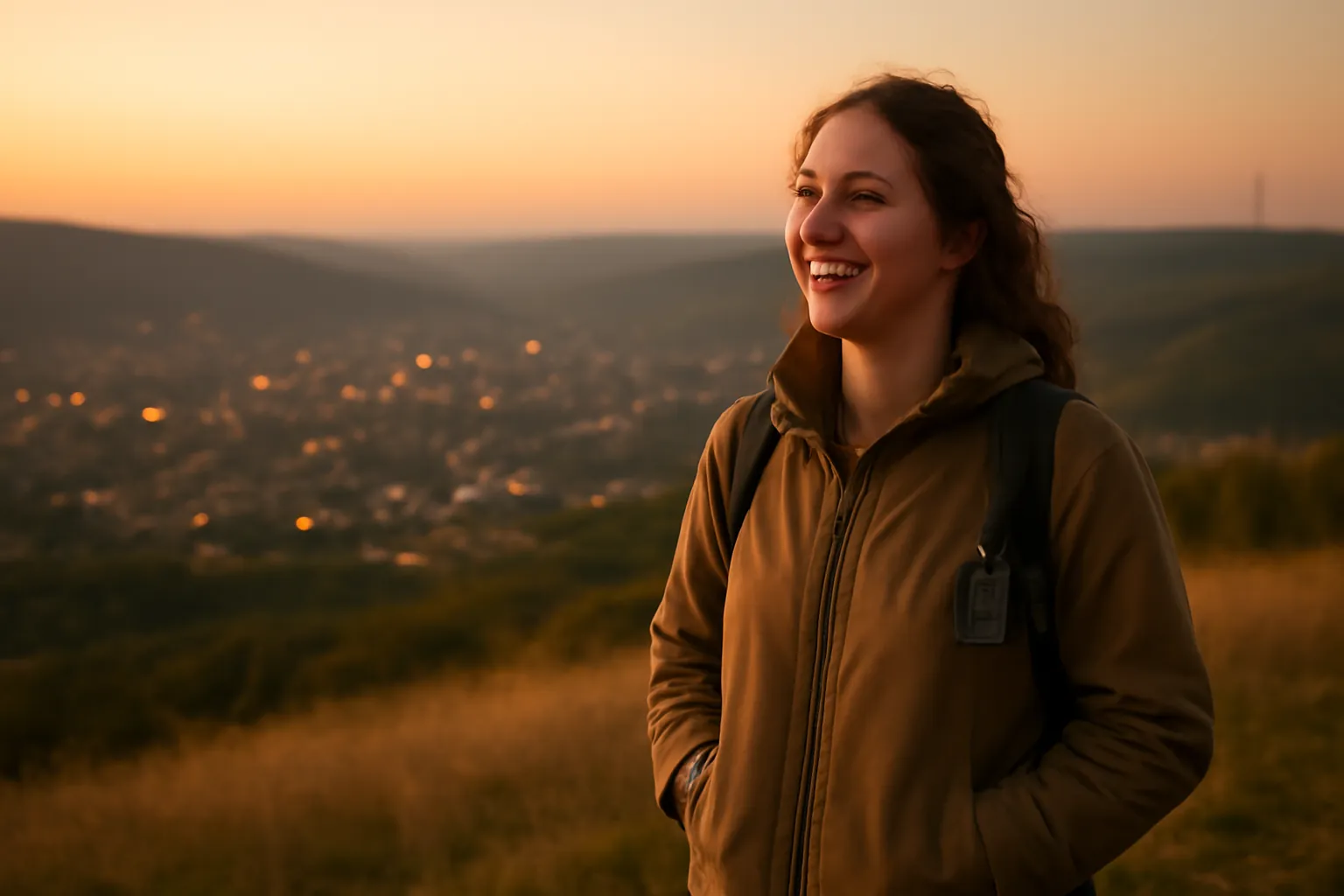 A young woman smiling on a hilltop at sunset with her hands in her jacket pockets and a small radio clipped to her backpack strap, a valley town glowing below