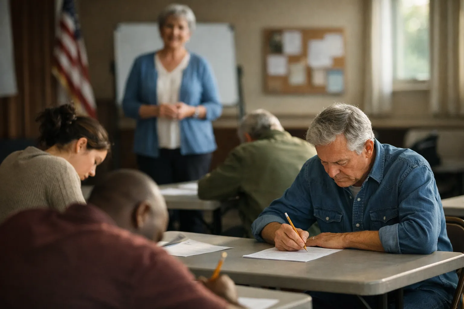 Adults taking a written exam at folding tables in a community room
