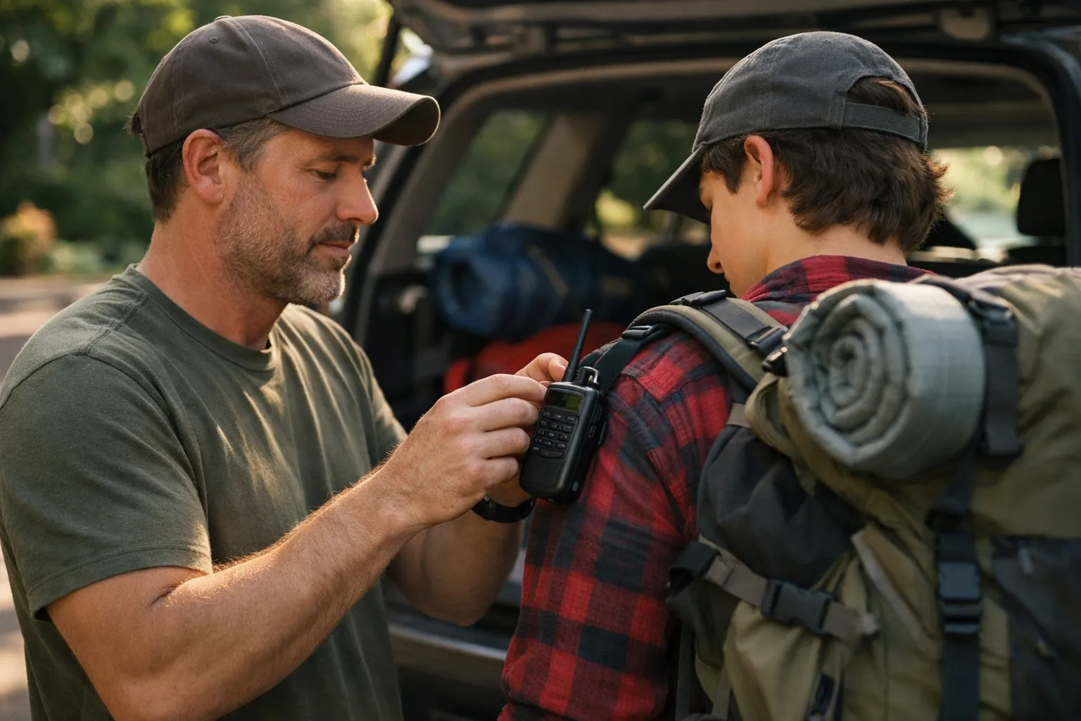 A father clipping a handheld radio to a backpack while packing the car with his son