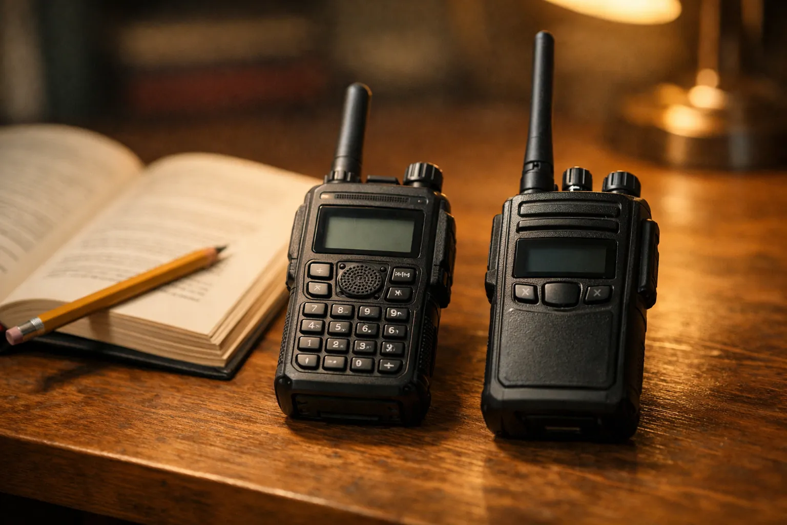 Two different handheld radios side by side on a desk next to a study book