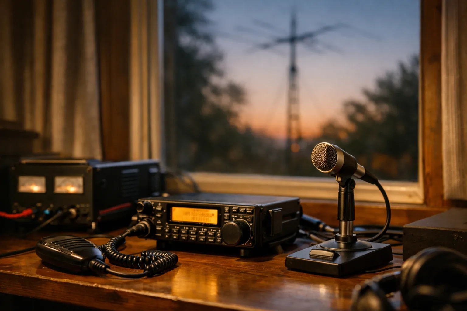 A home radio desk with a mobile radio, microphone and power supply
