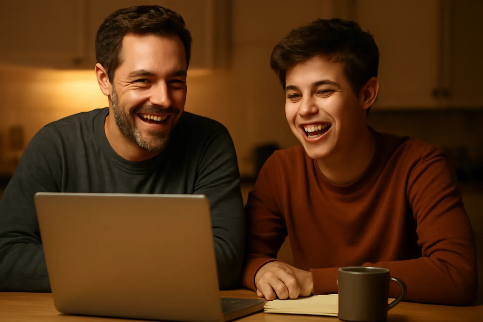 A father and teenage son laughing together at a kitchen table at night, a laptop and notebook in front of them