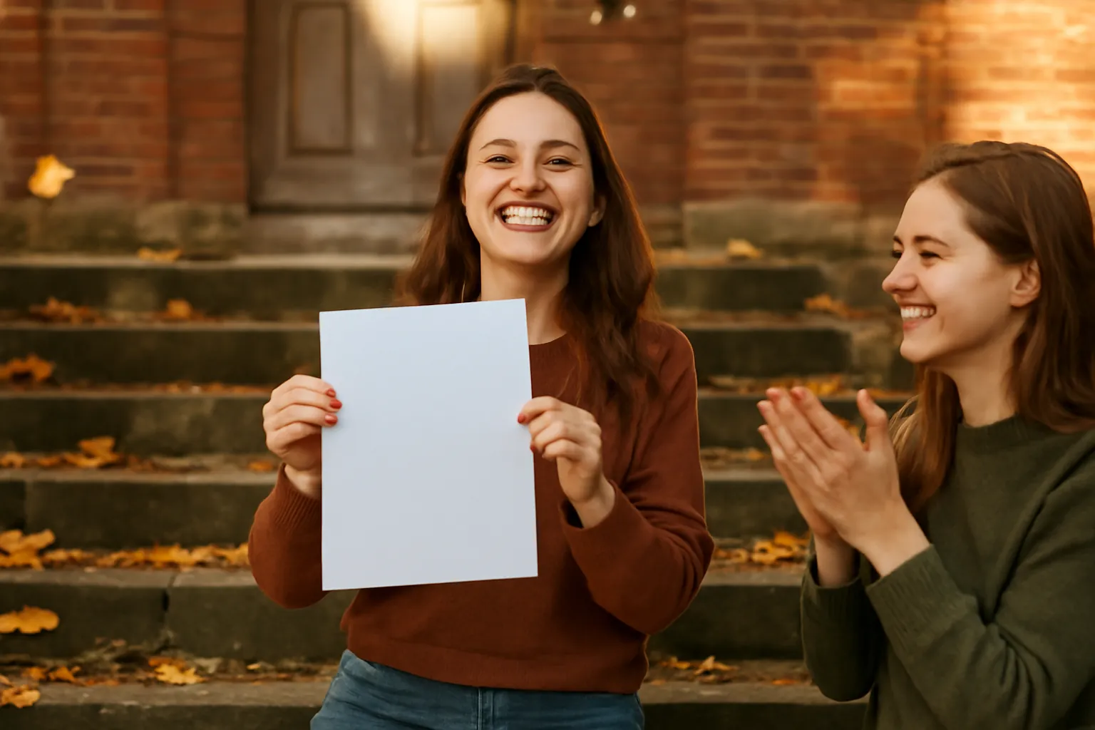 A young woman grinning and holding up a sheet of paper on old stone steps in autumn while a friend claps beside her