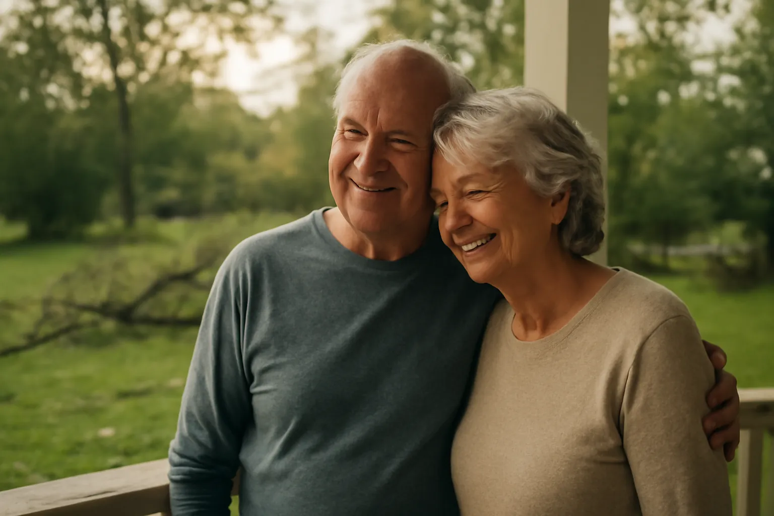 An older couple smiling with their heads together on their porch after a storm, a fallen branch on the wet lawn behind them