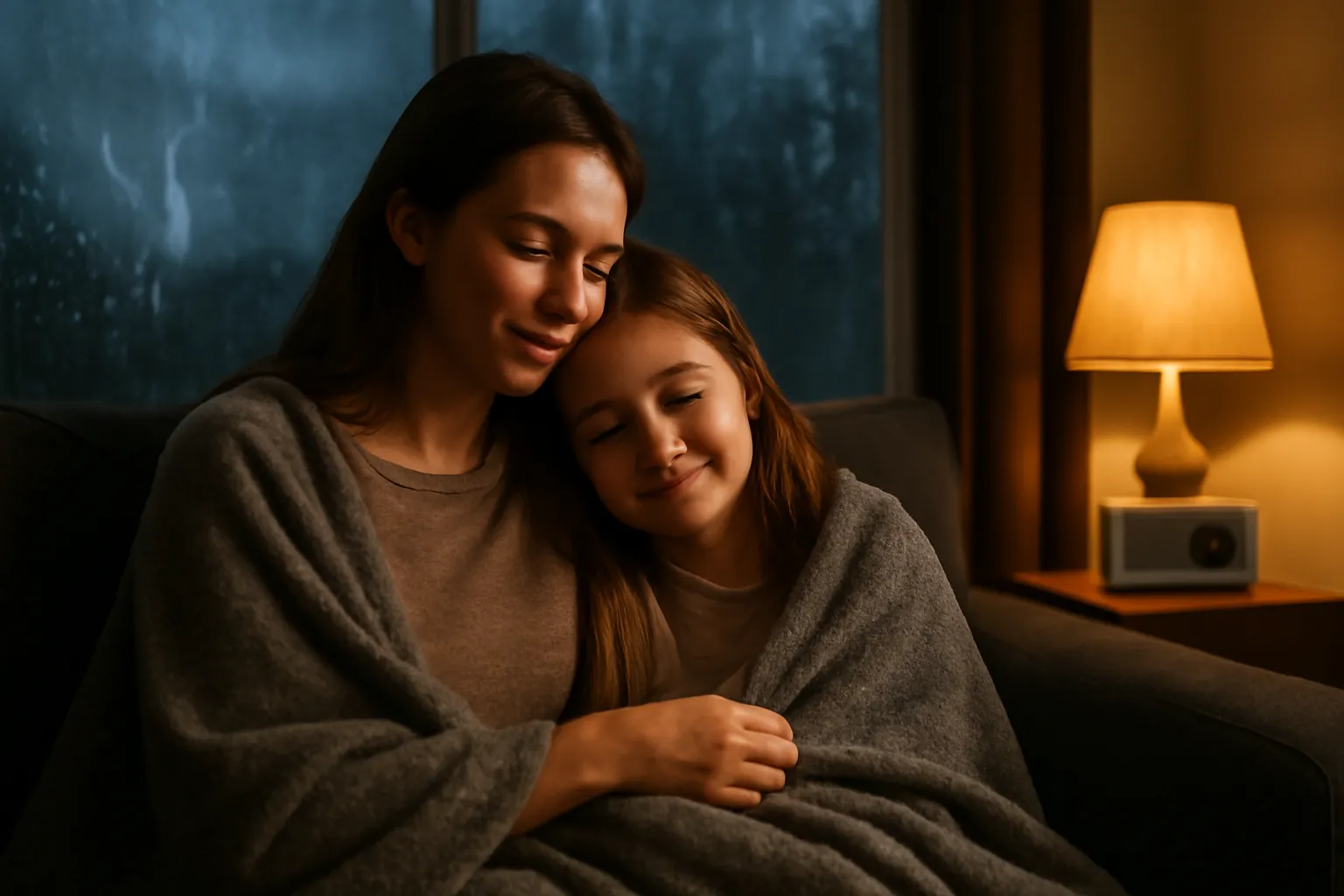 A mother and her daughter wrapped in a gray blanket on a couch by a rain-streaked window during an evening storm, the girl resting her head on her mother's shoulder