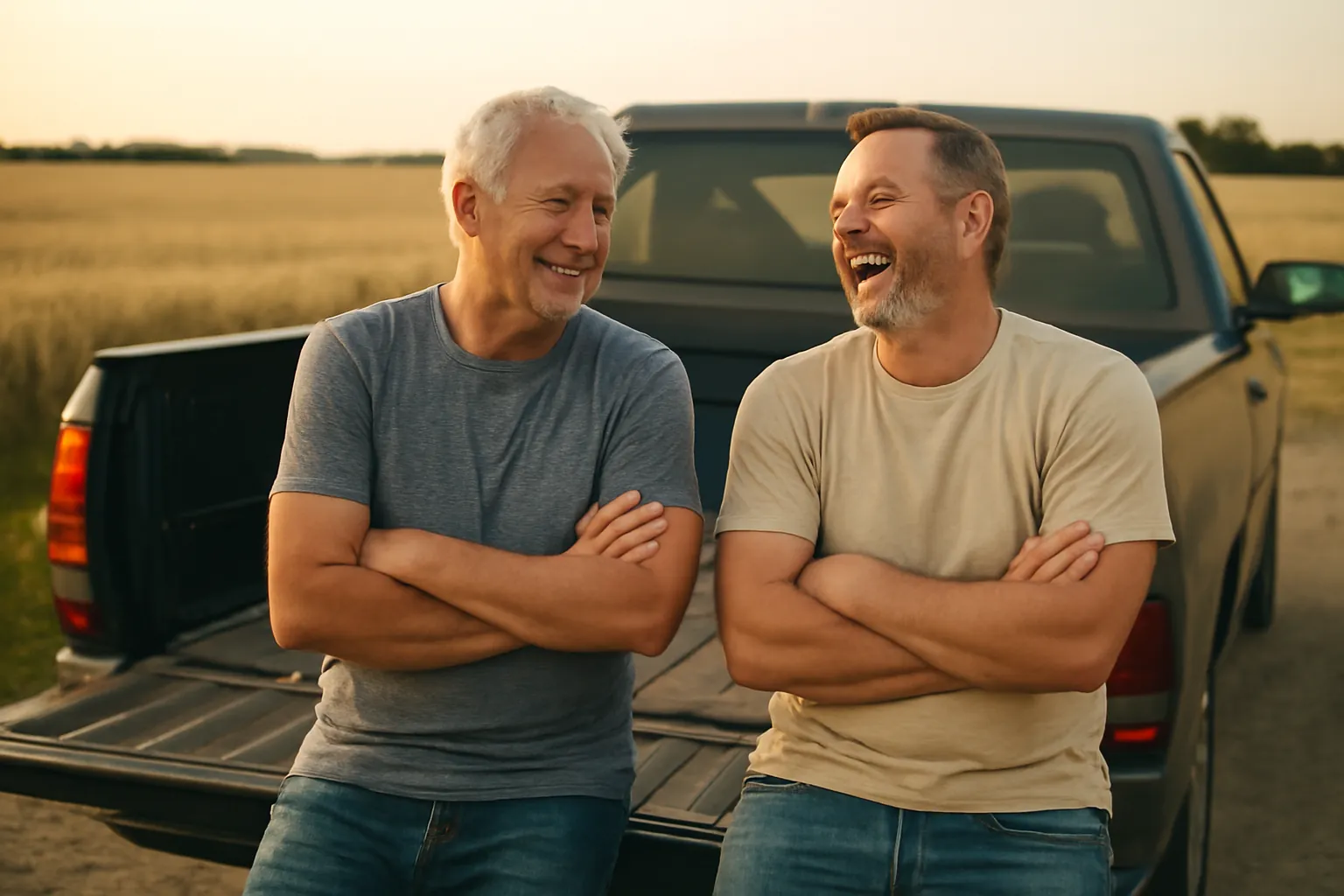 Two friends with arms folded laughing as they lean on the lowered tailgate of a pickup beside a wheat field
