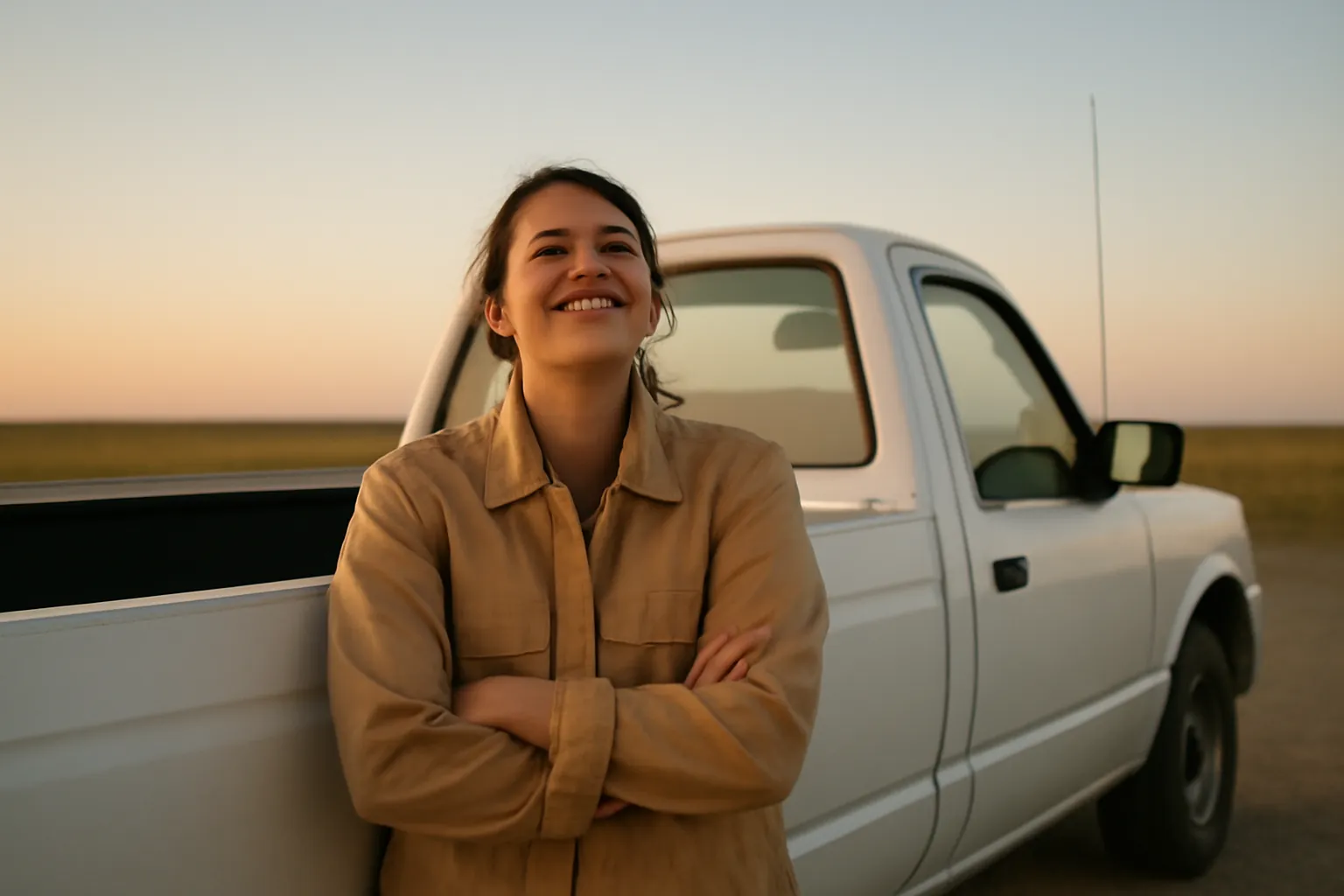 A woman in a work jacket leaning on a white pickup with arms folded, smiling at the sky at dusk, a whip antenna on the truck