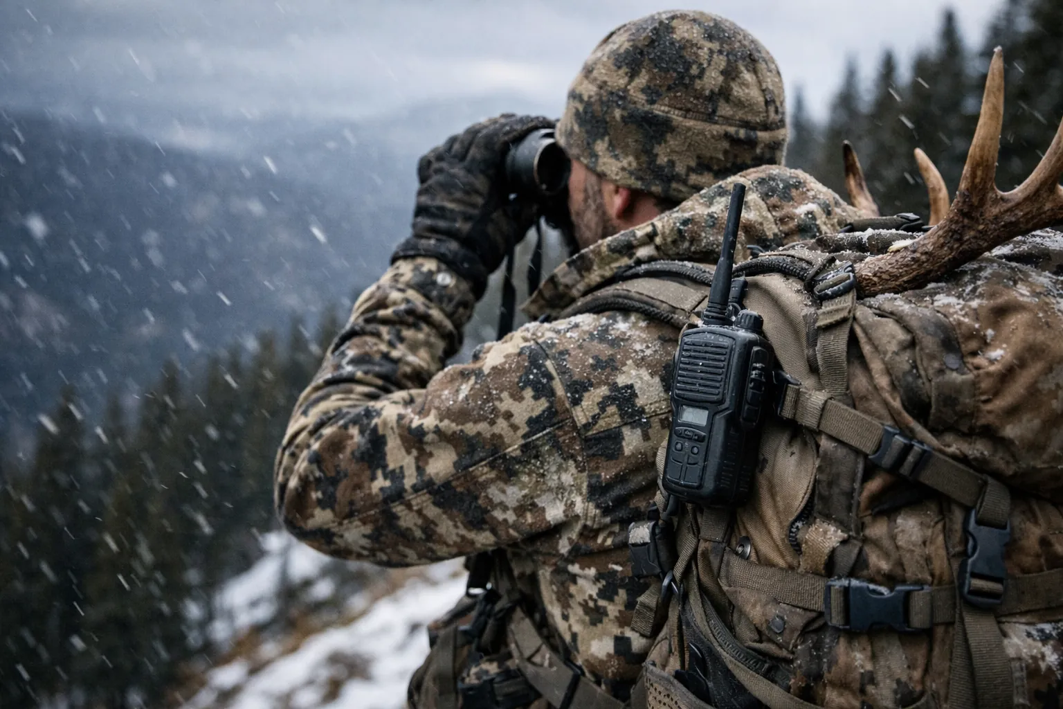 A backcountry hunter on a snowy ridge with a handheld radio on his pack strap
