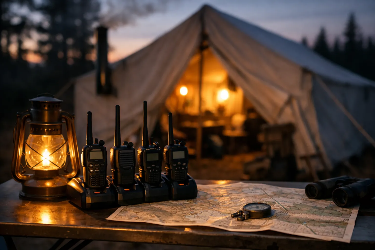 A hunting camp wall tent at dusk with radios charging on a folding table