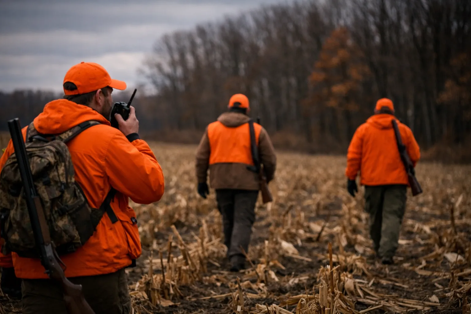 Three hunters in blaze orange walking a field edge, one speaking into a handheld radio