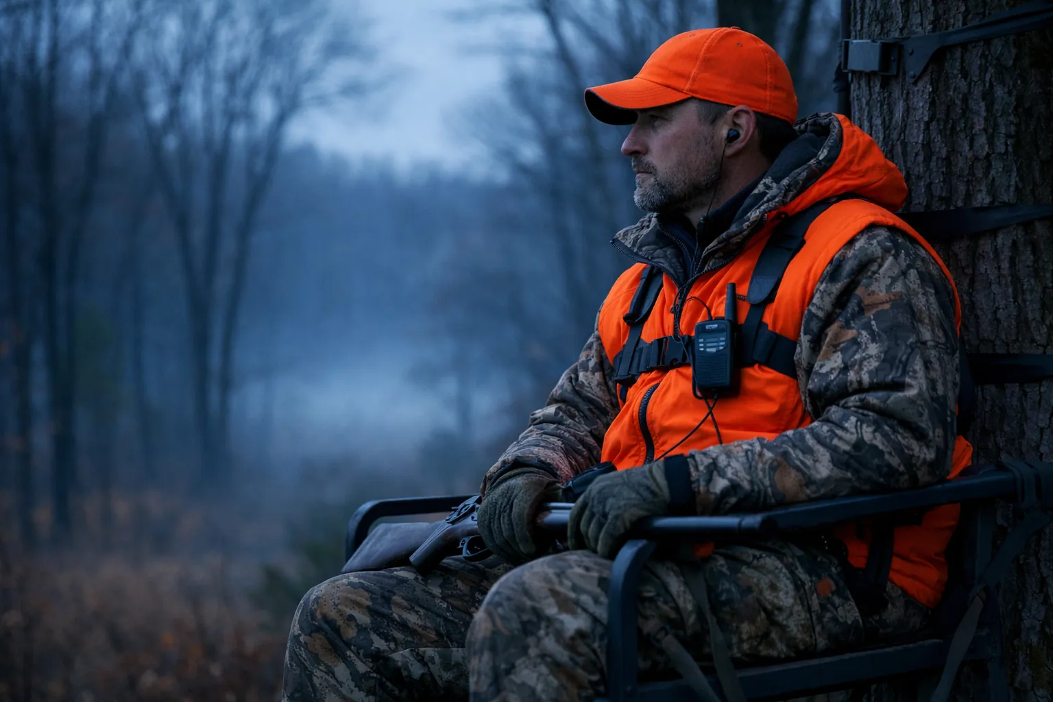 A hunter in a tree stand at dawn with a compact two-way radio clipped to the chest strap