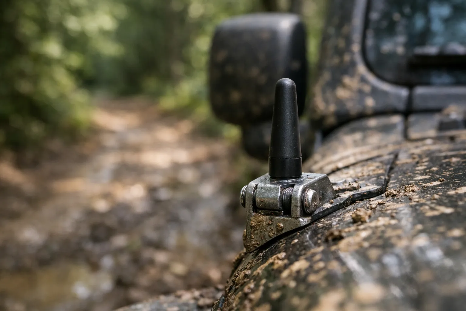 A short antenna on a hood bracket of an off-road vehicle