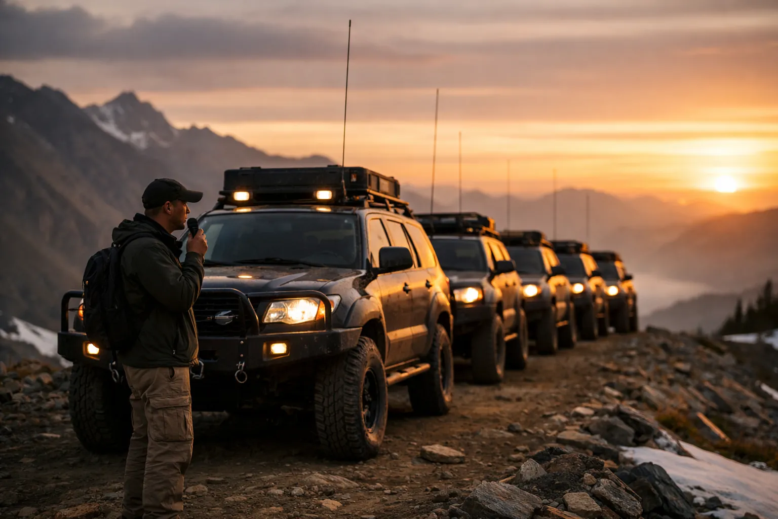 A convoy of off-road vehicles on a mountain pass at sunrise