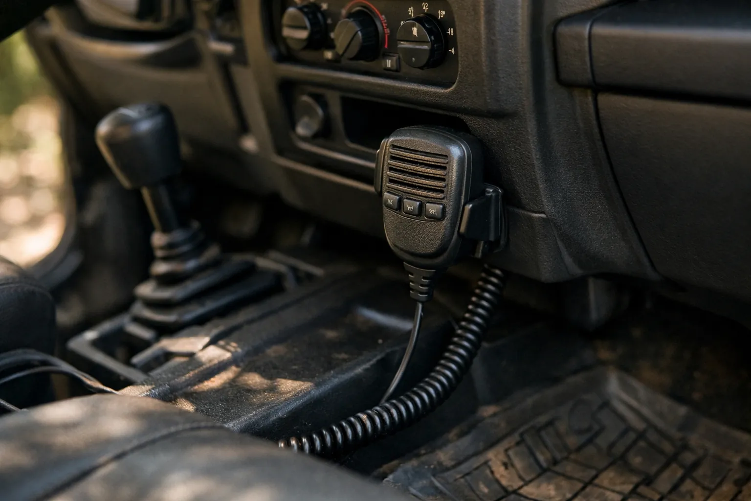 A radio hand mic clipped to the lower dash of an off-road vehicle