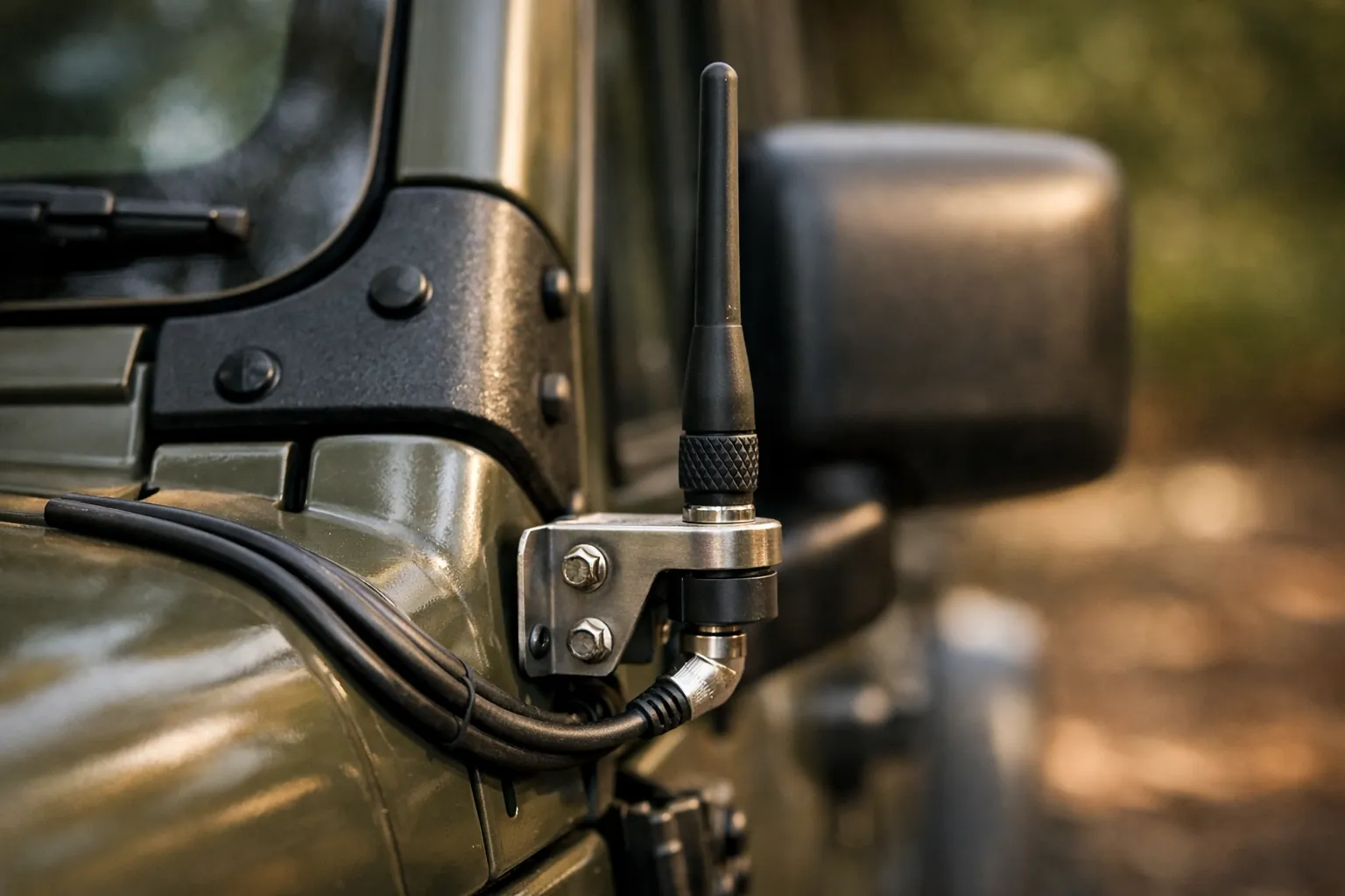 A short antenna on a bracket beside a windshield hinge