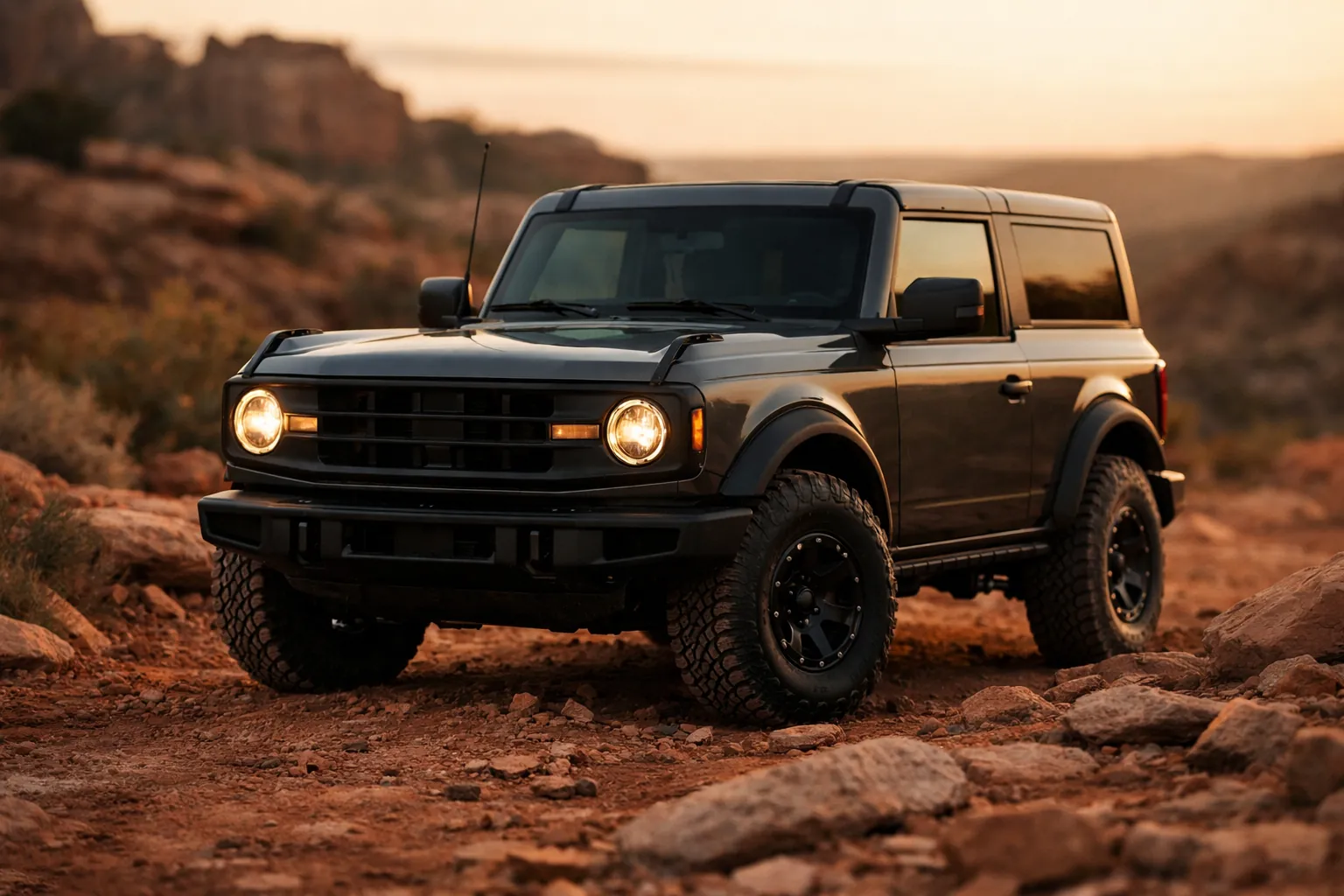 A modern off-road SUV with a whip antenna on a bracket by the windshield, parked on a rocky trail