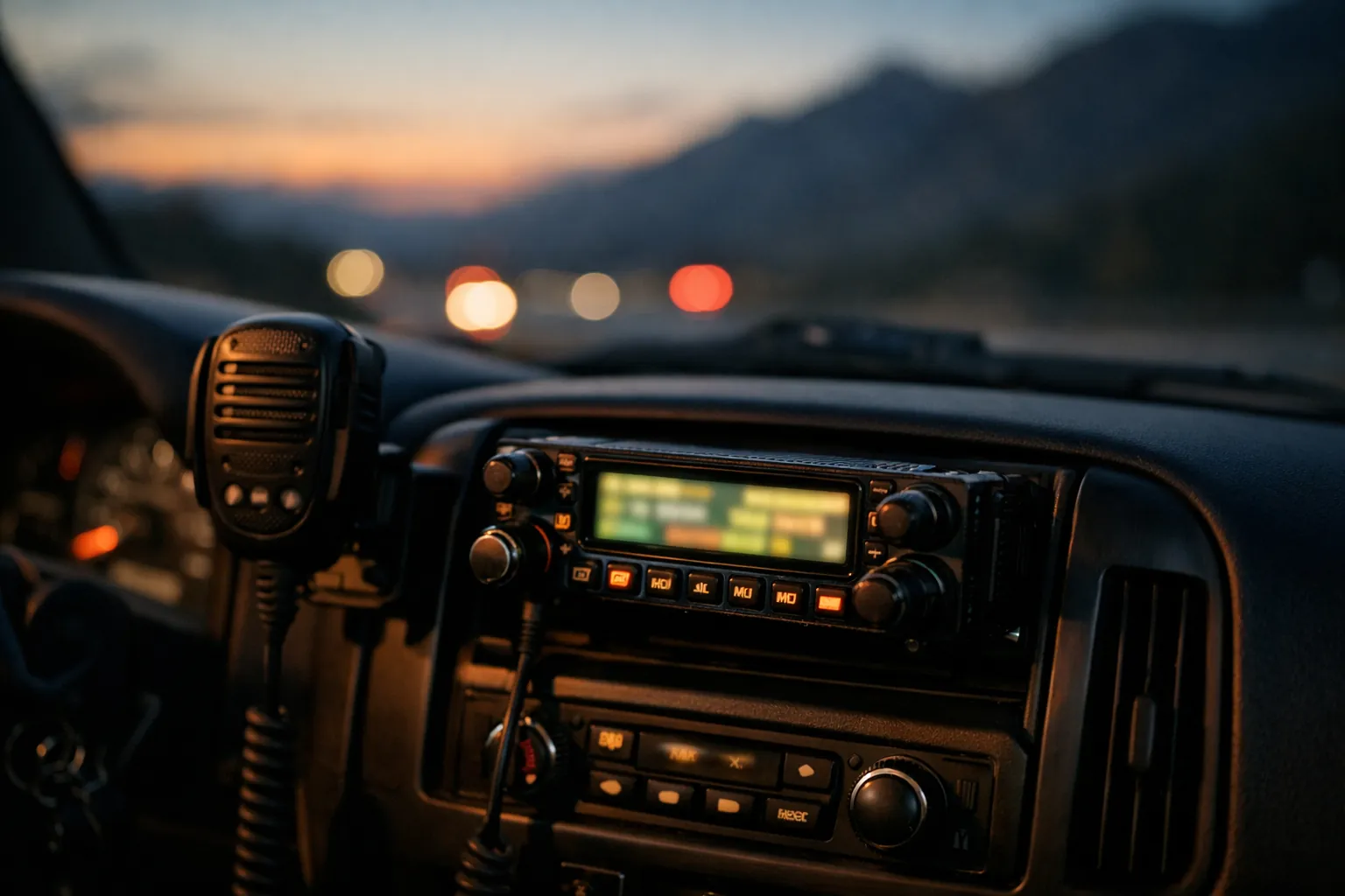 A mobile ham radio with a detachable faceplate mounted in a truck dashboard at dusk