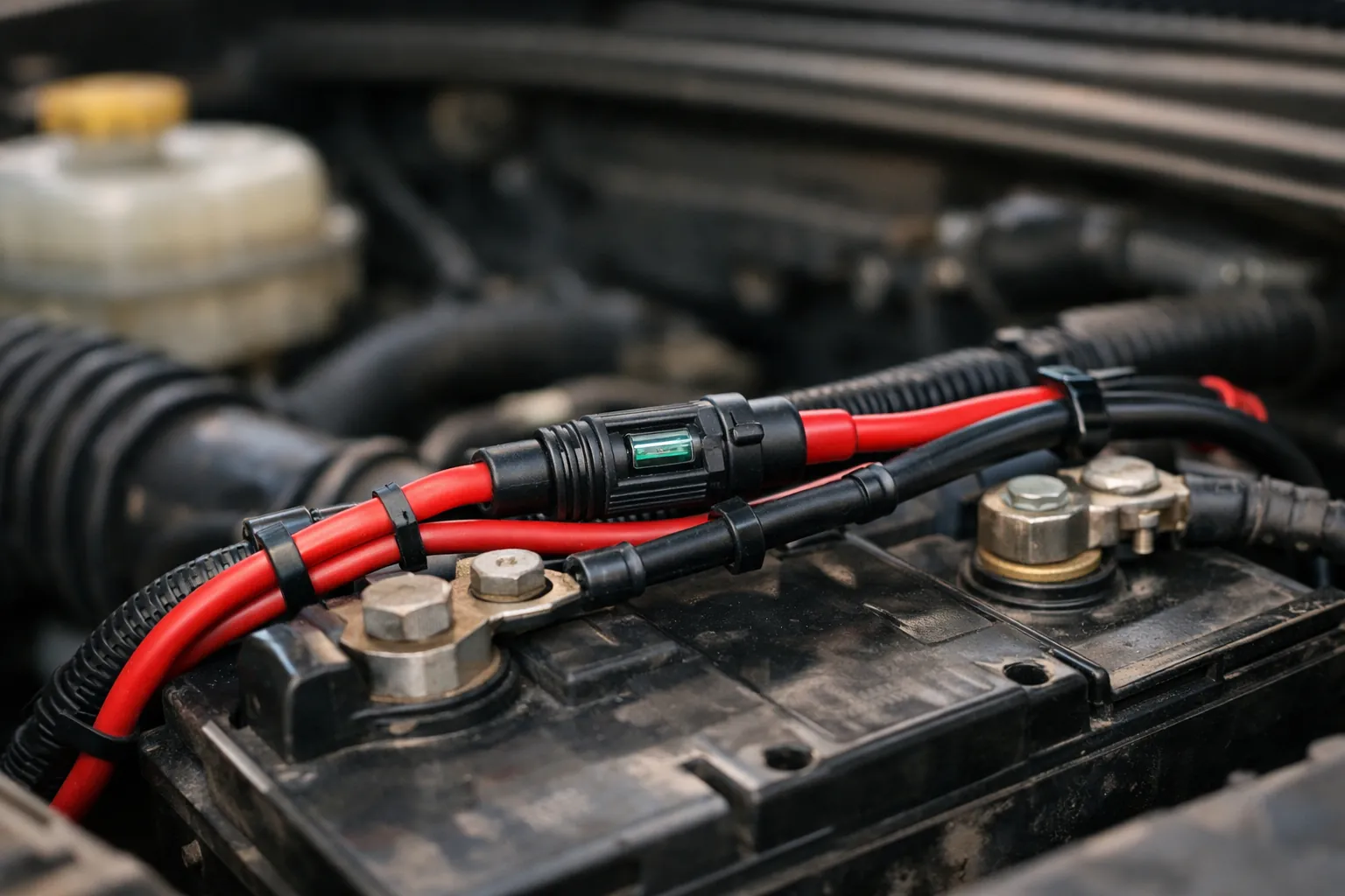 A fused power cable connected to a truck battery