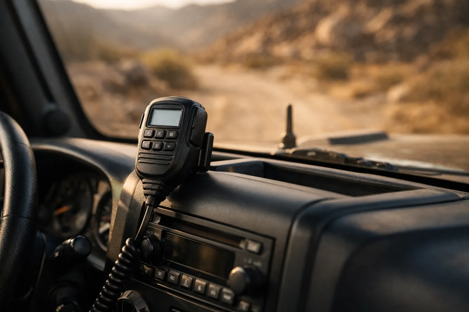 A small vehicle two-way radio microphone clipped to the dash of an off-road SUV on a desert trail