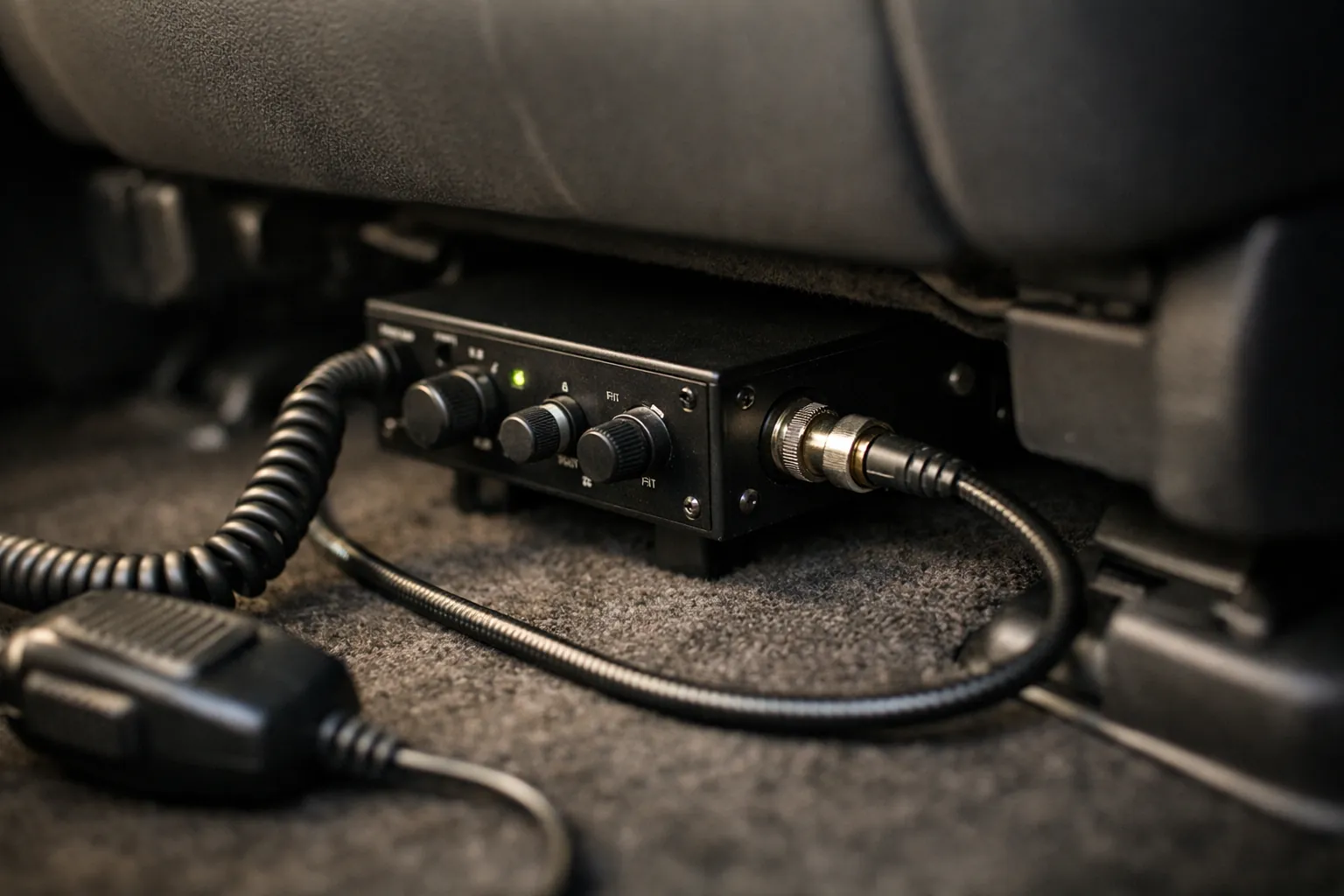 A small radio box mounted under a truck seat with mic and coax cables
