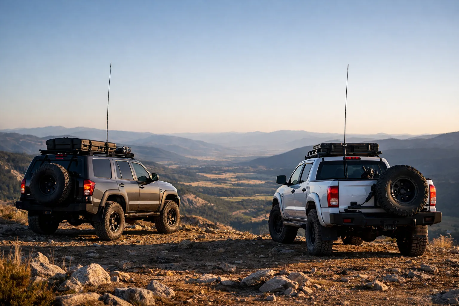 Two off-road vehicles with roof antennas parked on a ridge above a valley