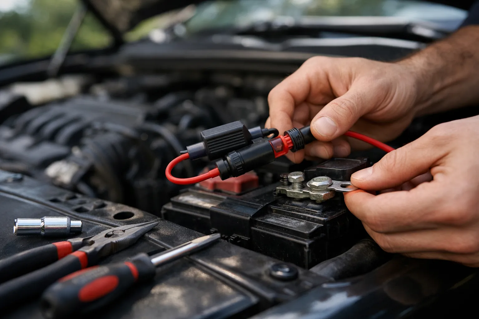 Connecting a fused red power lead to a vehicle battery terminal