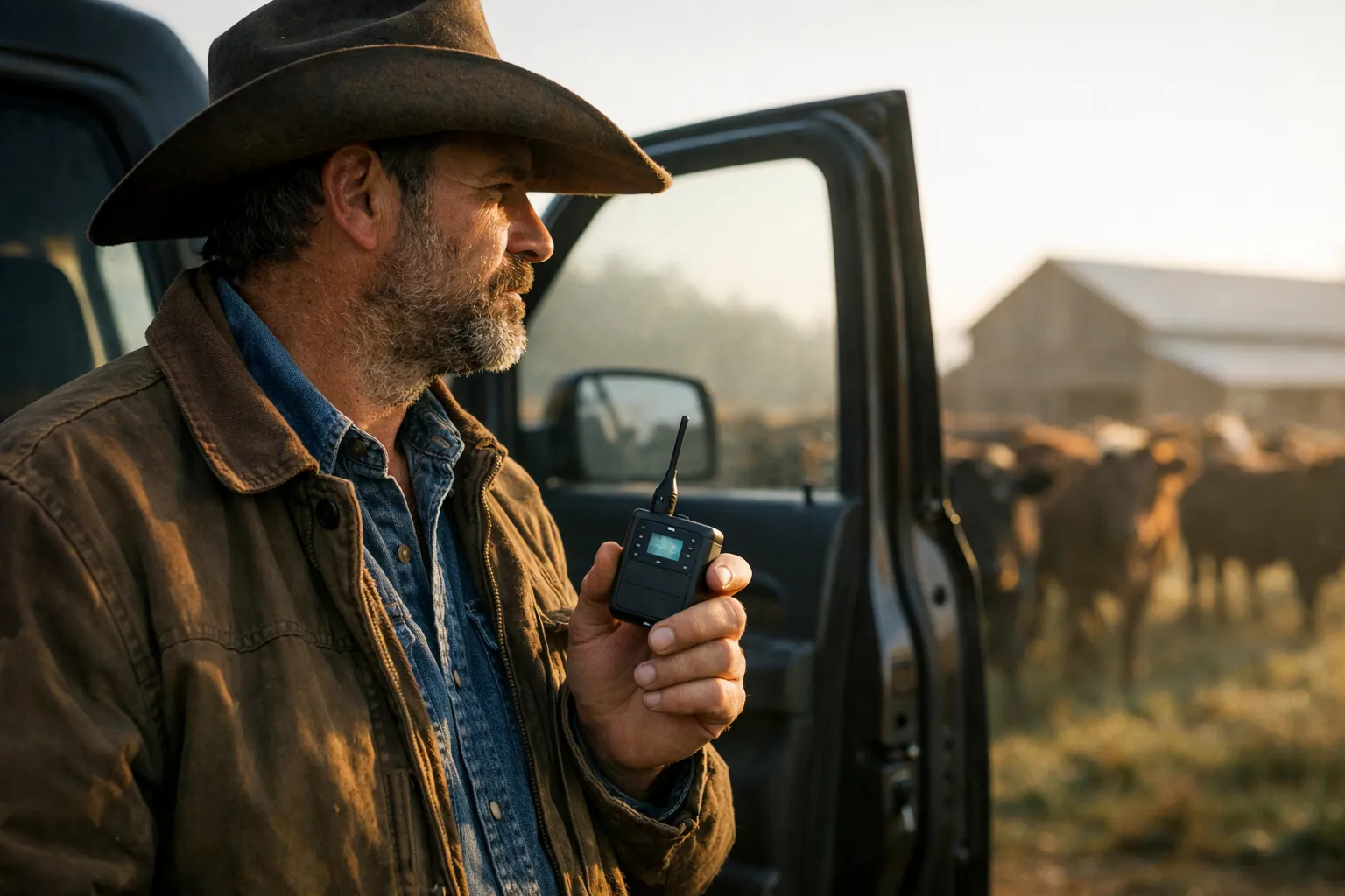 A rancher holding a wireless radio microphone next to an open truck door