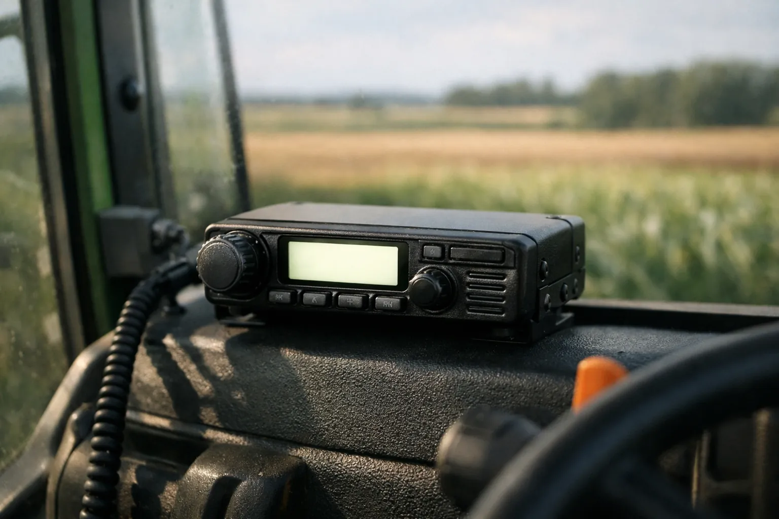 A compact two-way radio mounted on a tractor dashboard