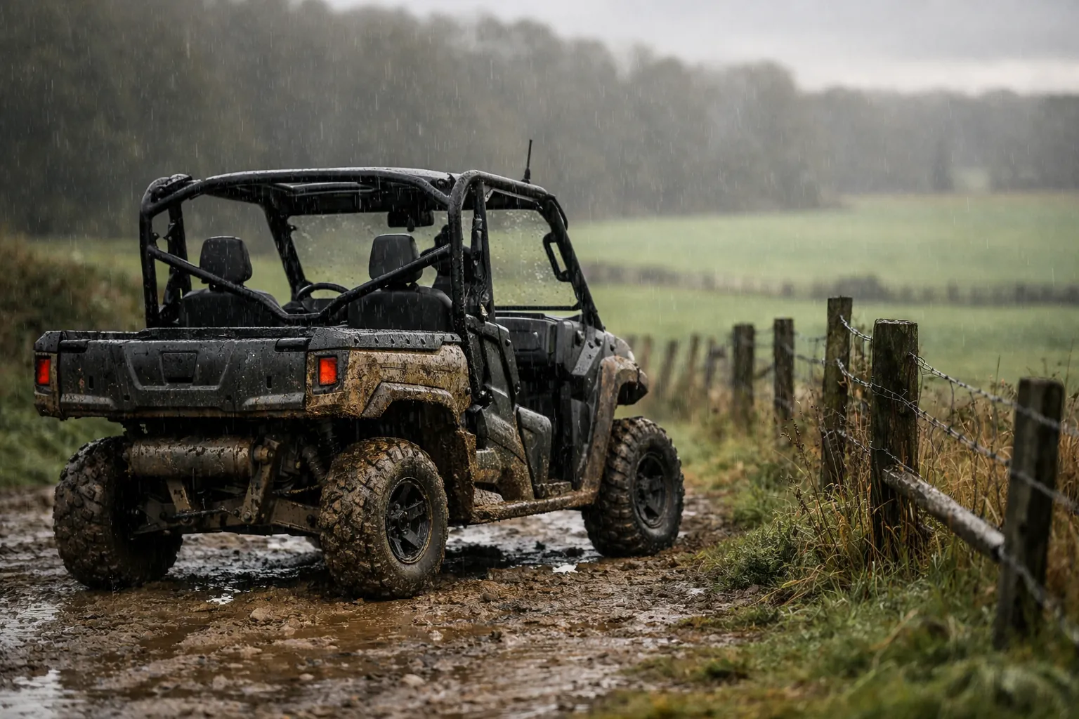 A side-by-side utility vehicle on a farm track with a short antenna on its roll cage
