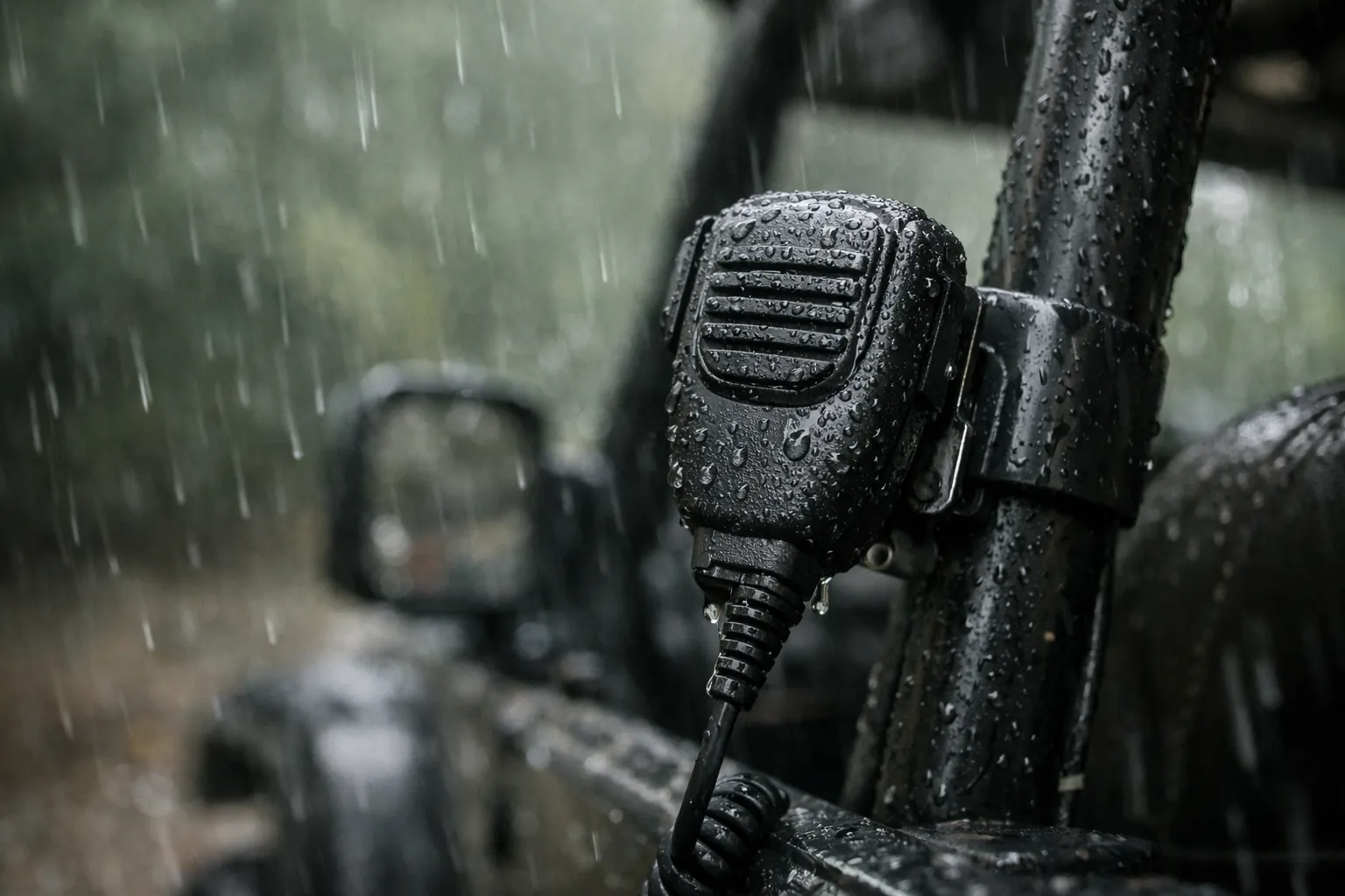 Rain droplets on a radio mic inside an open off-road vehicle